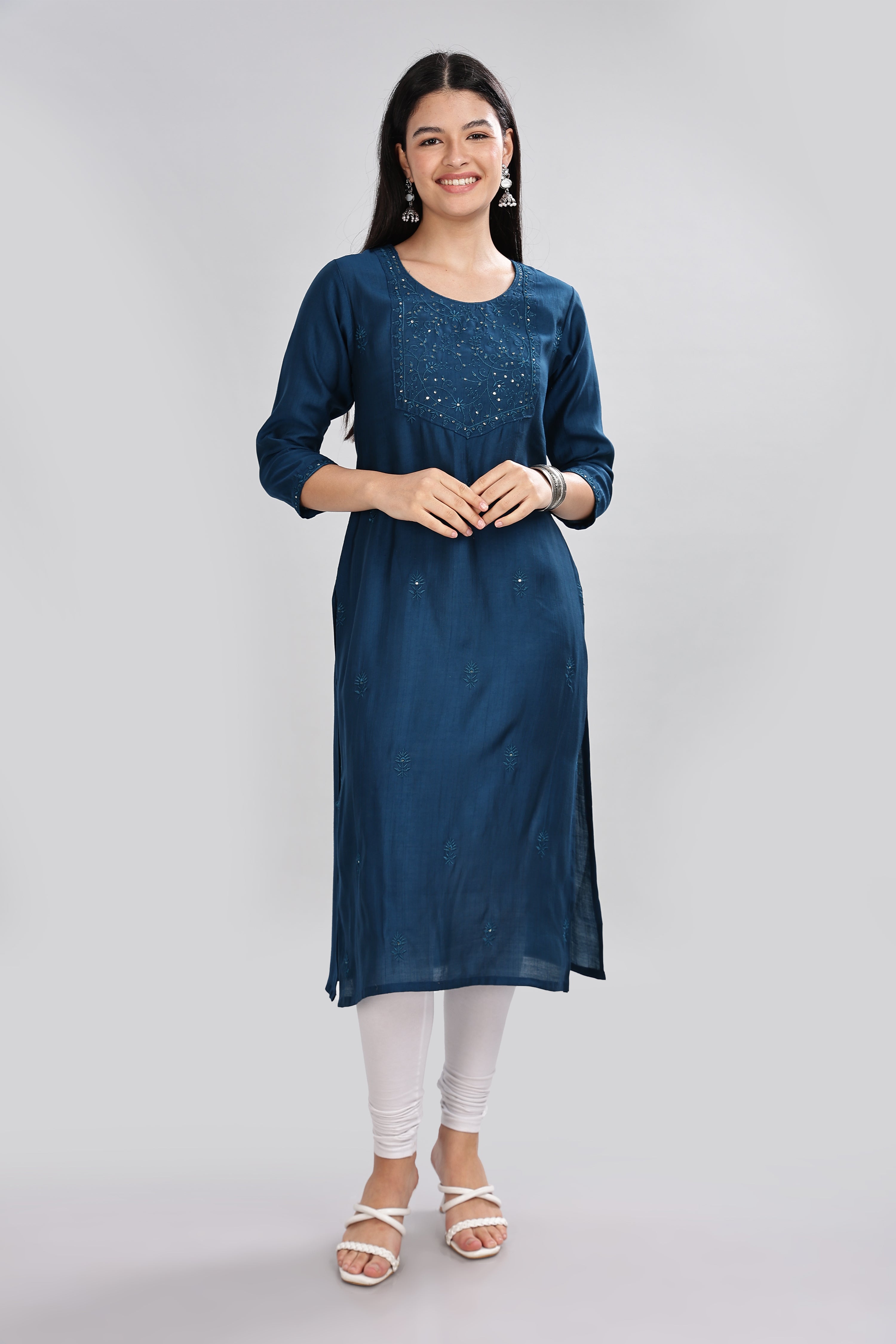 Mythri Round Neck Embroidered Kurta With 3/4th Sleeve  - Blue - KU14