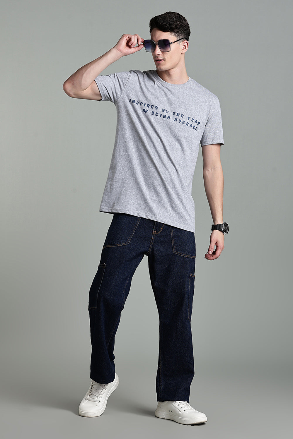 Enhance Men's Cotton Typography T-Shirt Inspired by the Fear Round Neck Half Sleeve Casual Wear - Grey - T113