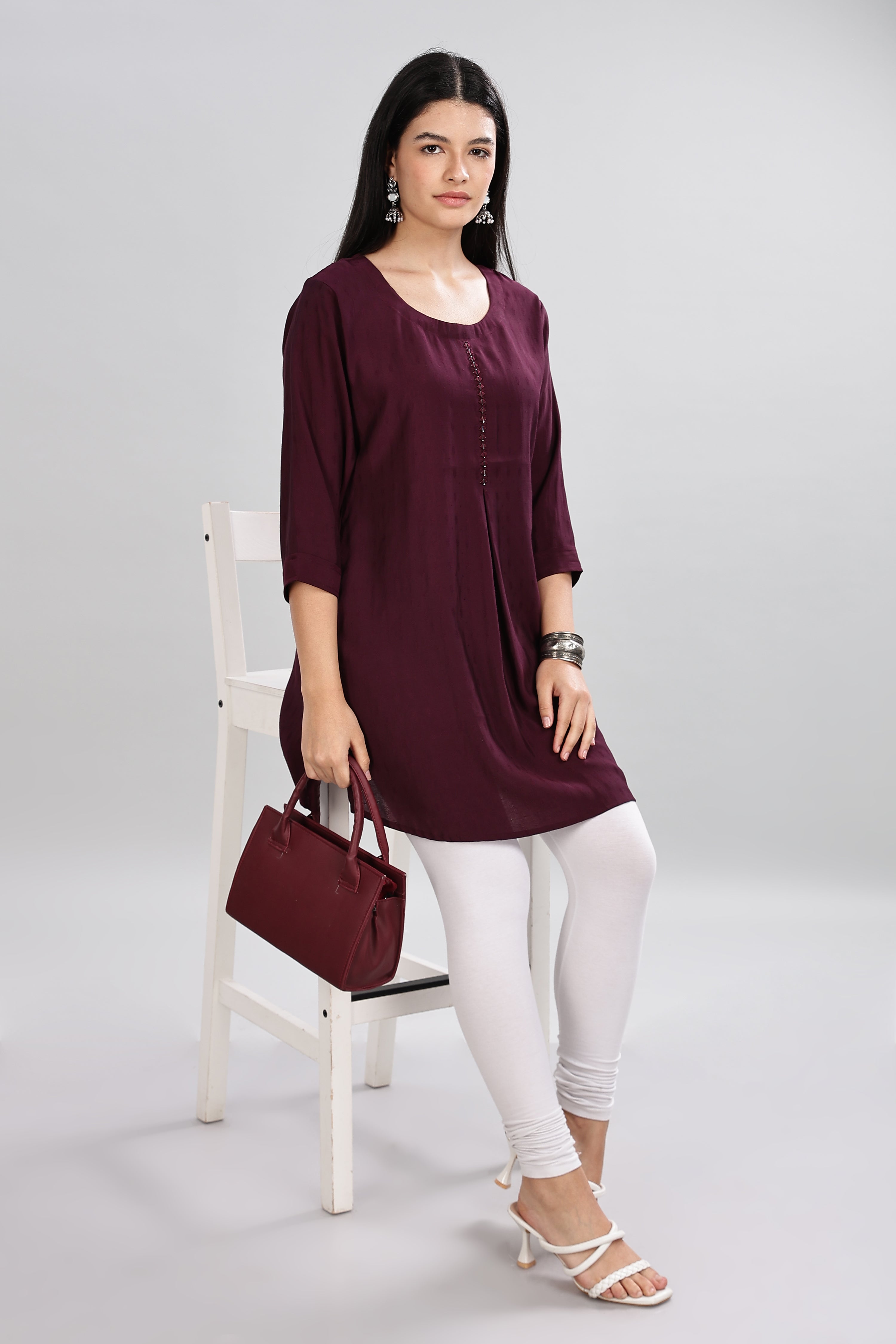 Mythri Round Neck Embroidered Top With 3/4th Sleeve  - Violet - TO20