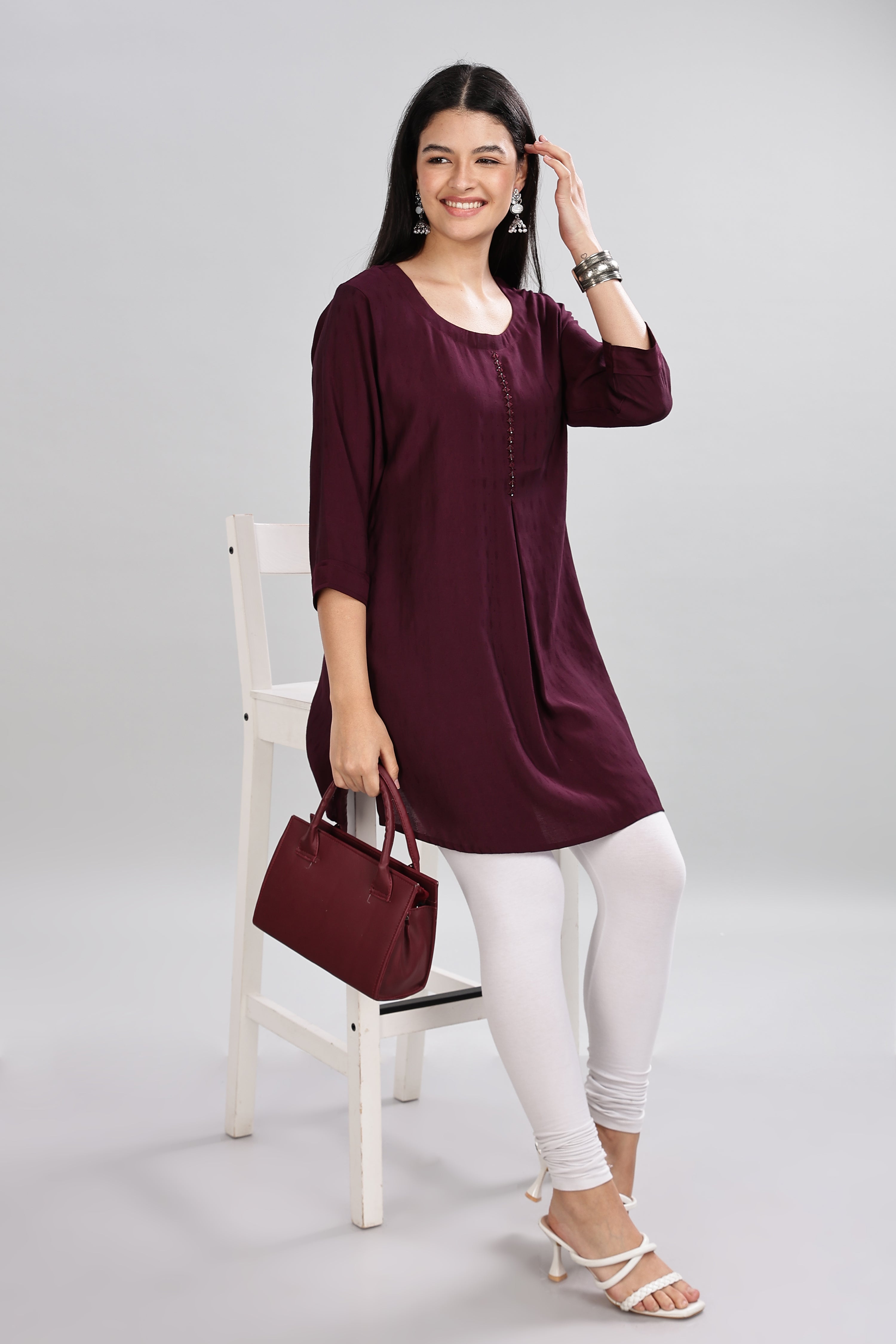 Mythri Round Neck Embroidered Top With 3/4th Sleeve  - Violet - TO20