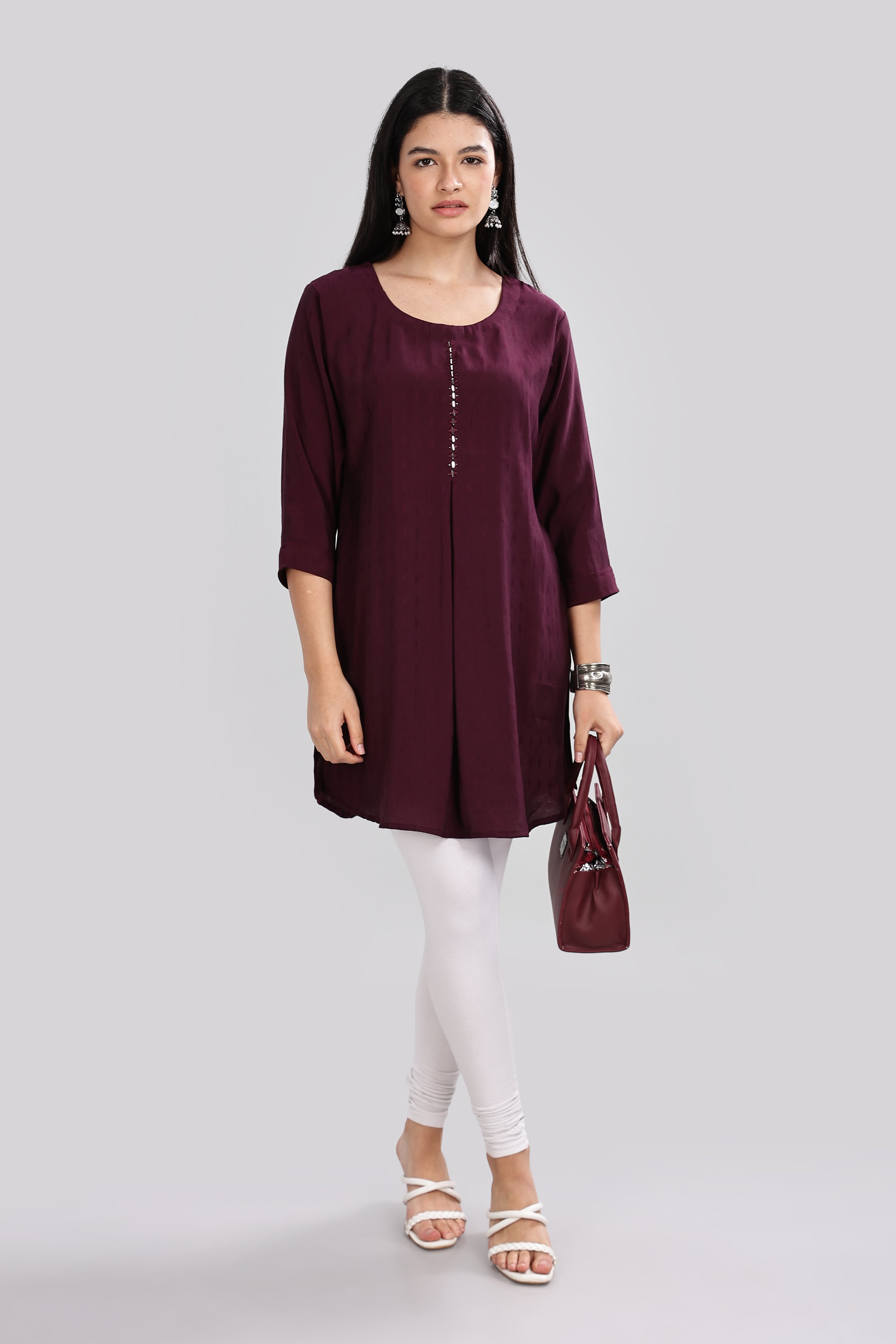 Mythri Round Neck Embroidered Top With 3/4th Sleeve  - Violet - TO20