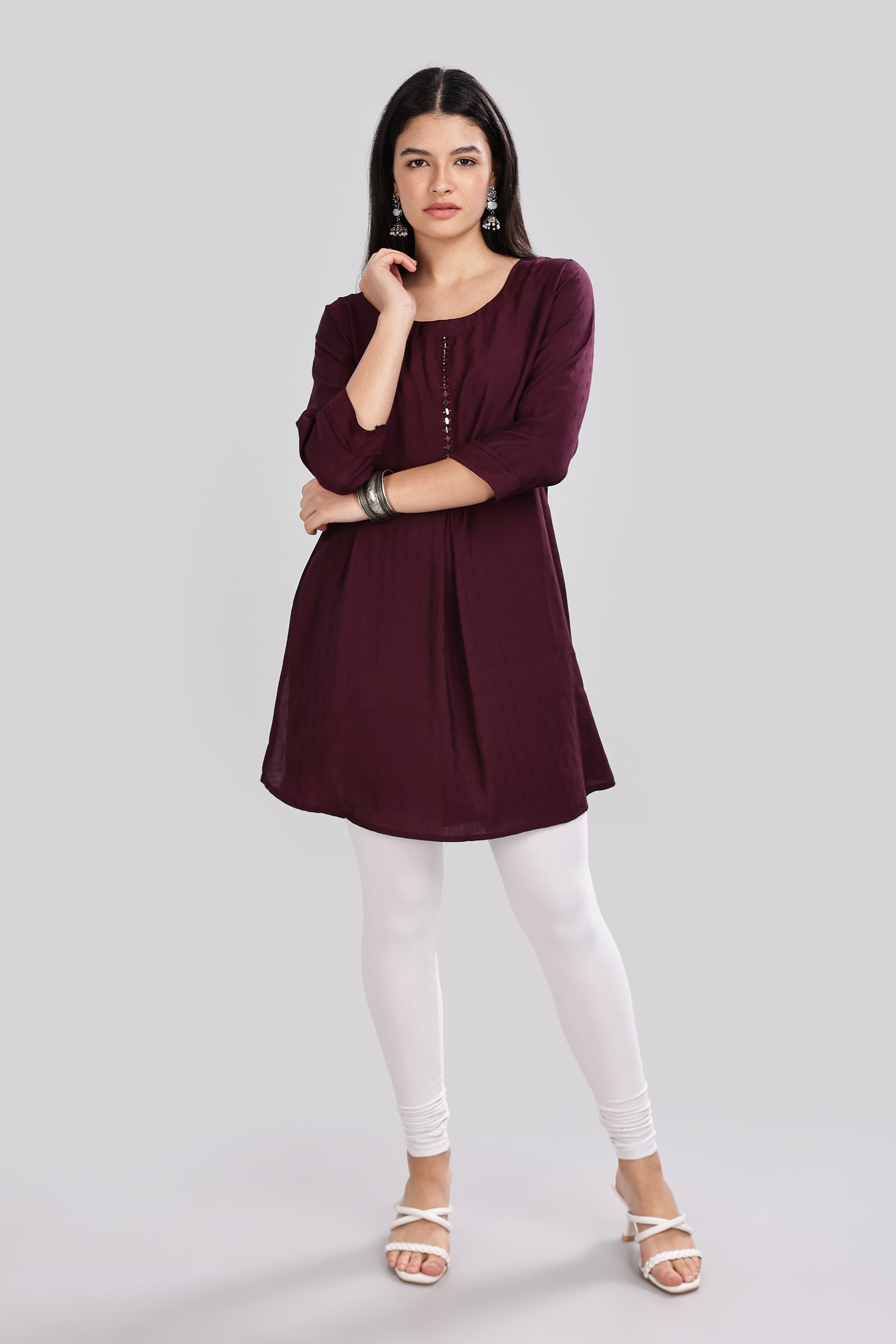 Mythri Round Neck Embroidered Top With 3/4th Sleeve  - Violet - TO20