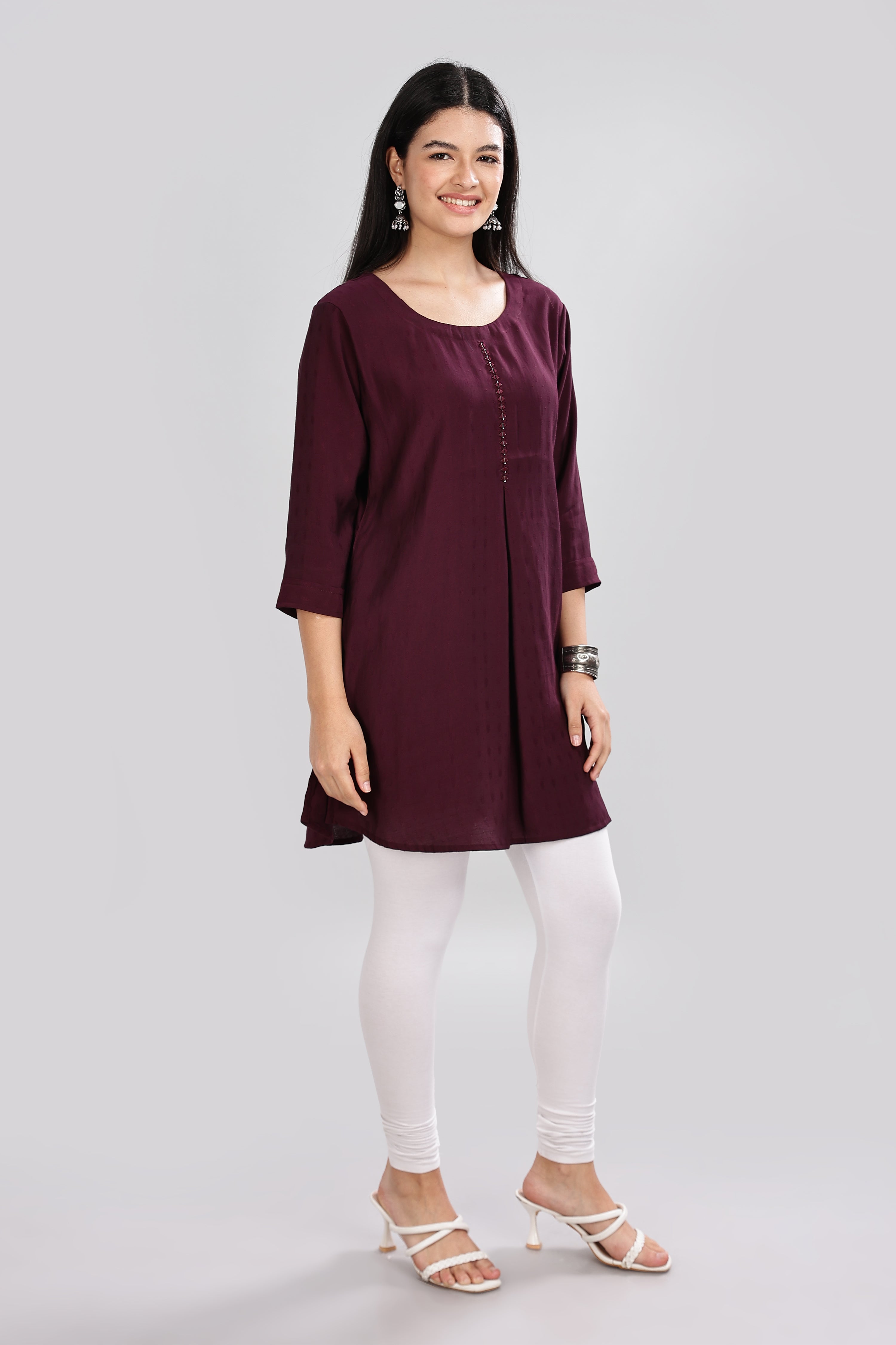 Mythri Round Neck Embroidered Top With 3/4th Sleeve  - Violet - TO20