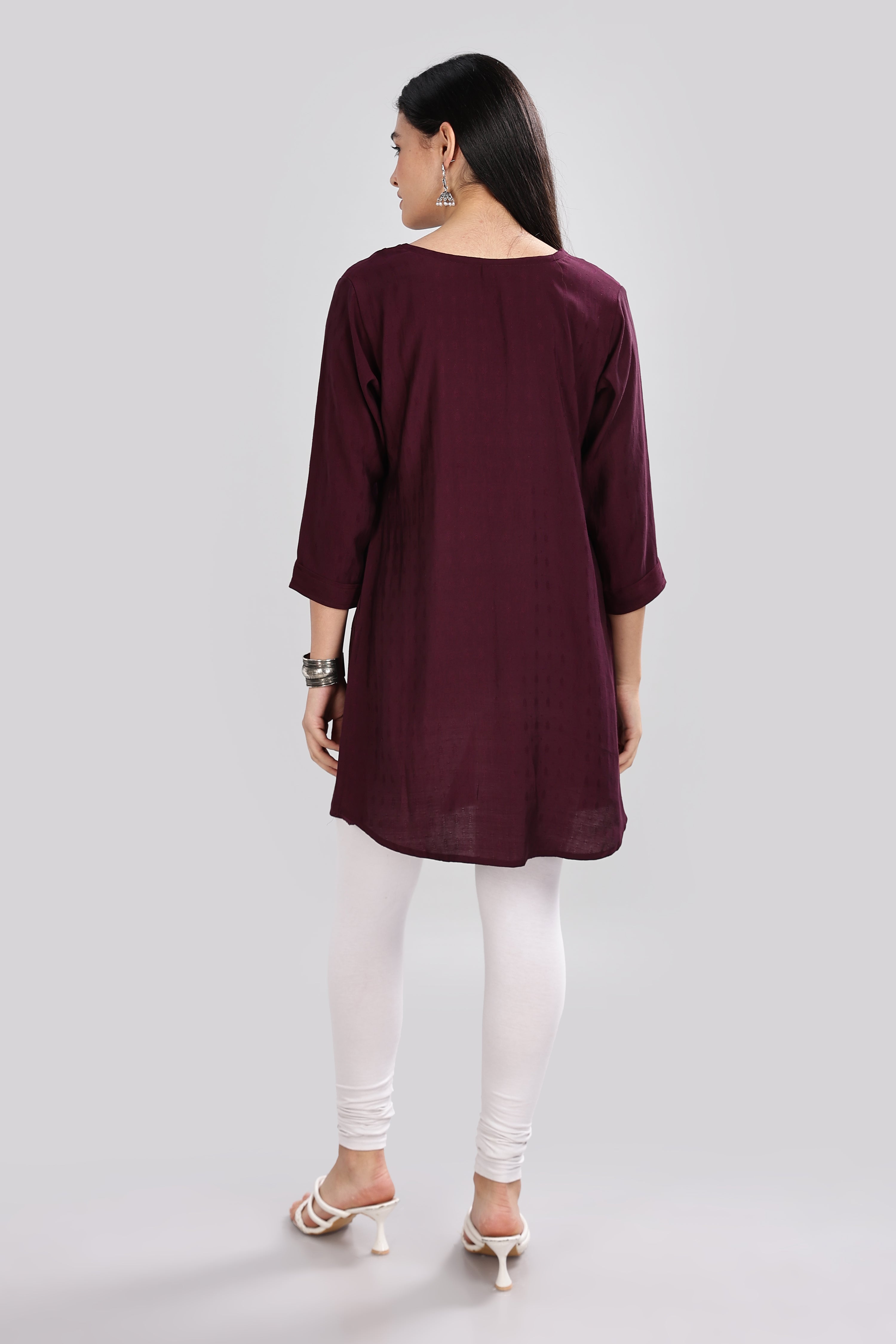 Mythri Round Neck Embroidered Top With 3/4th Sleeve  - Violet - TO20