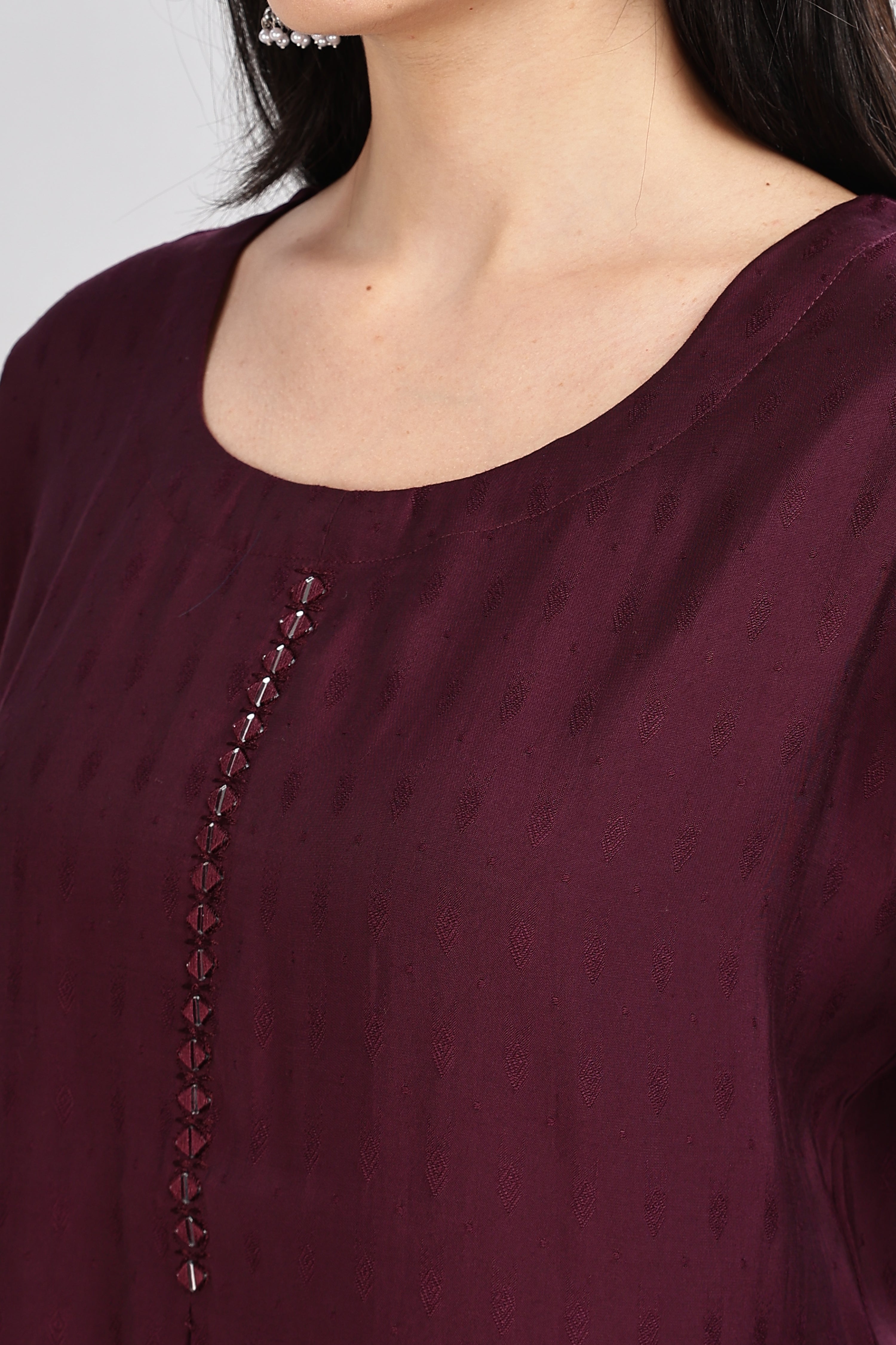 Mythri Round Neck Embroidered Top With 3/4th Sleeve  - Violet - TO20