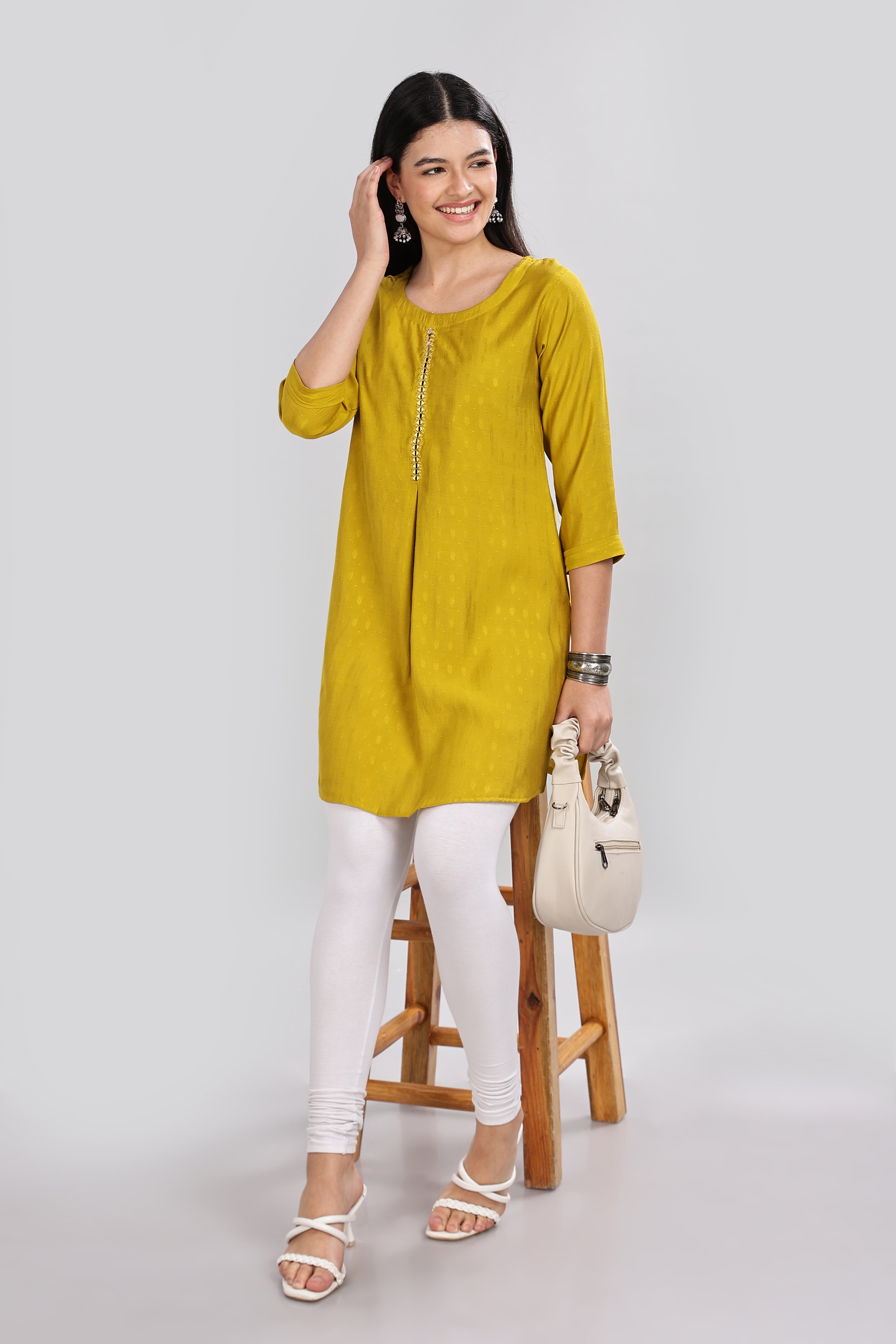 Mythri Round Neck Embroidered Top With 3/4th Sleeve  - Mustard - TO19