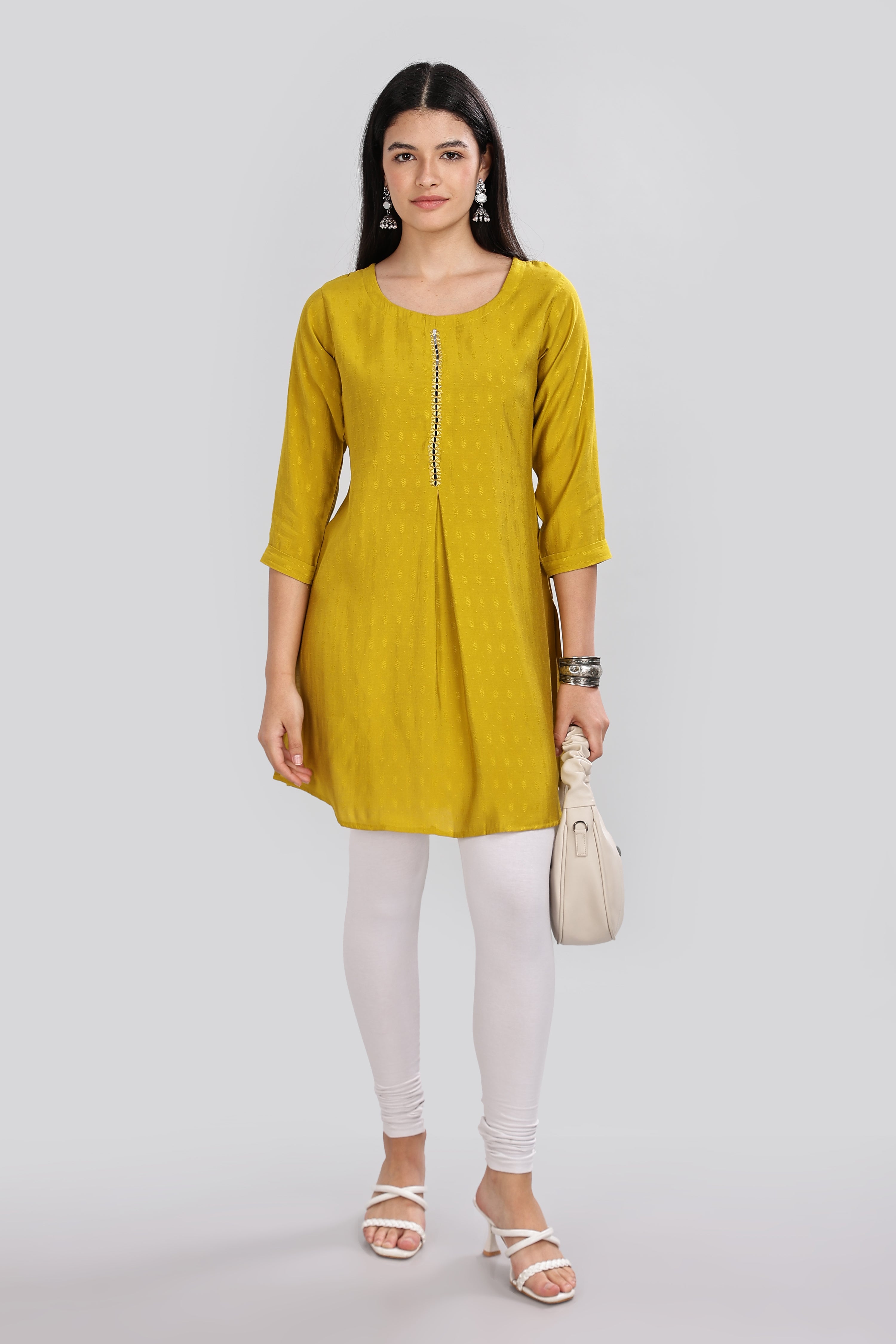 Mythri Round Neck Embroidered Top With 3/4th Sleeve  - Mustard - TO19