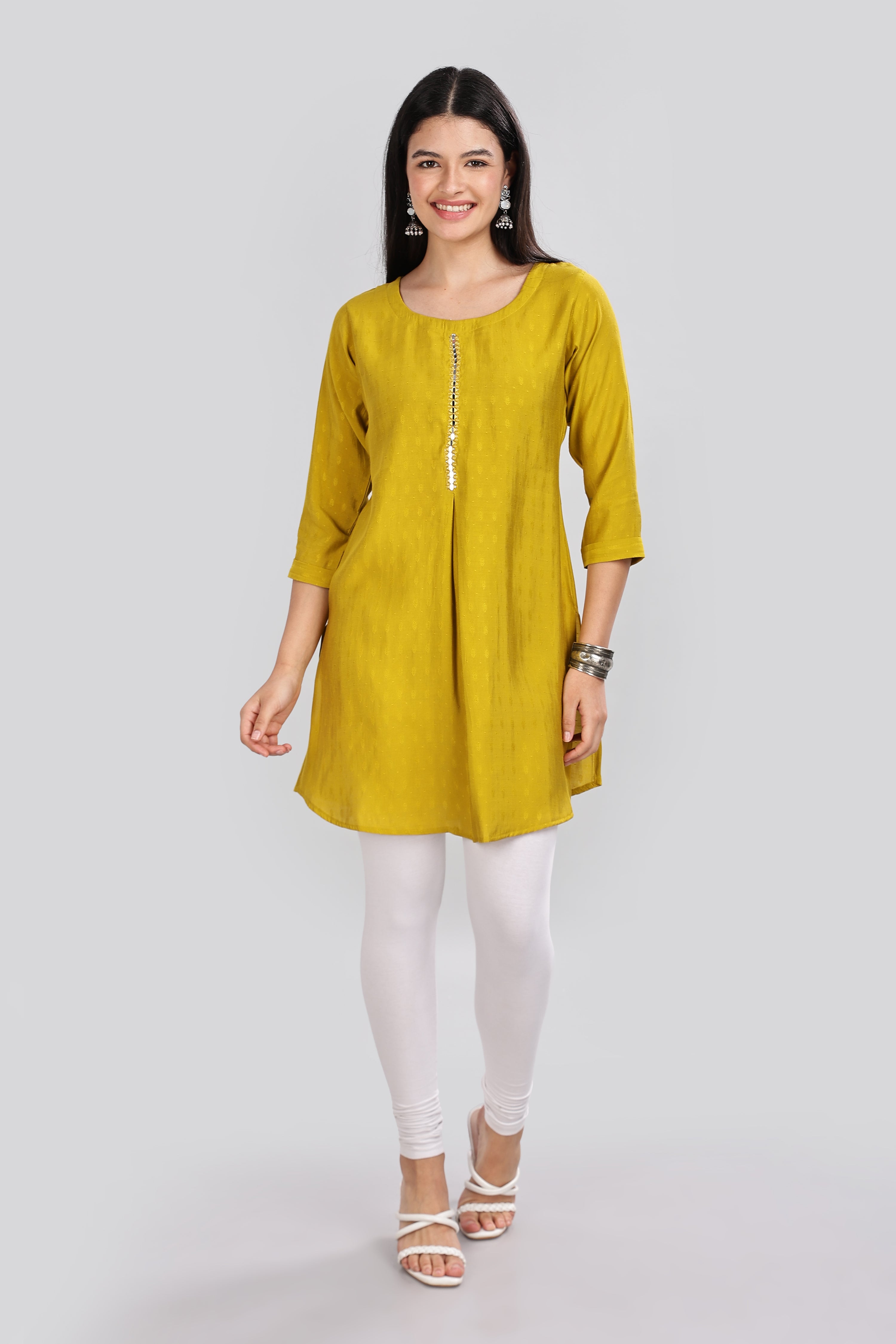 Mythri Round Neck Embroidered Top With 3/4th Sleeve  - Mustard - TO19