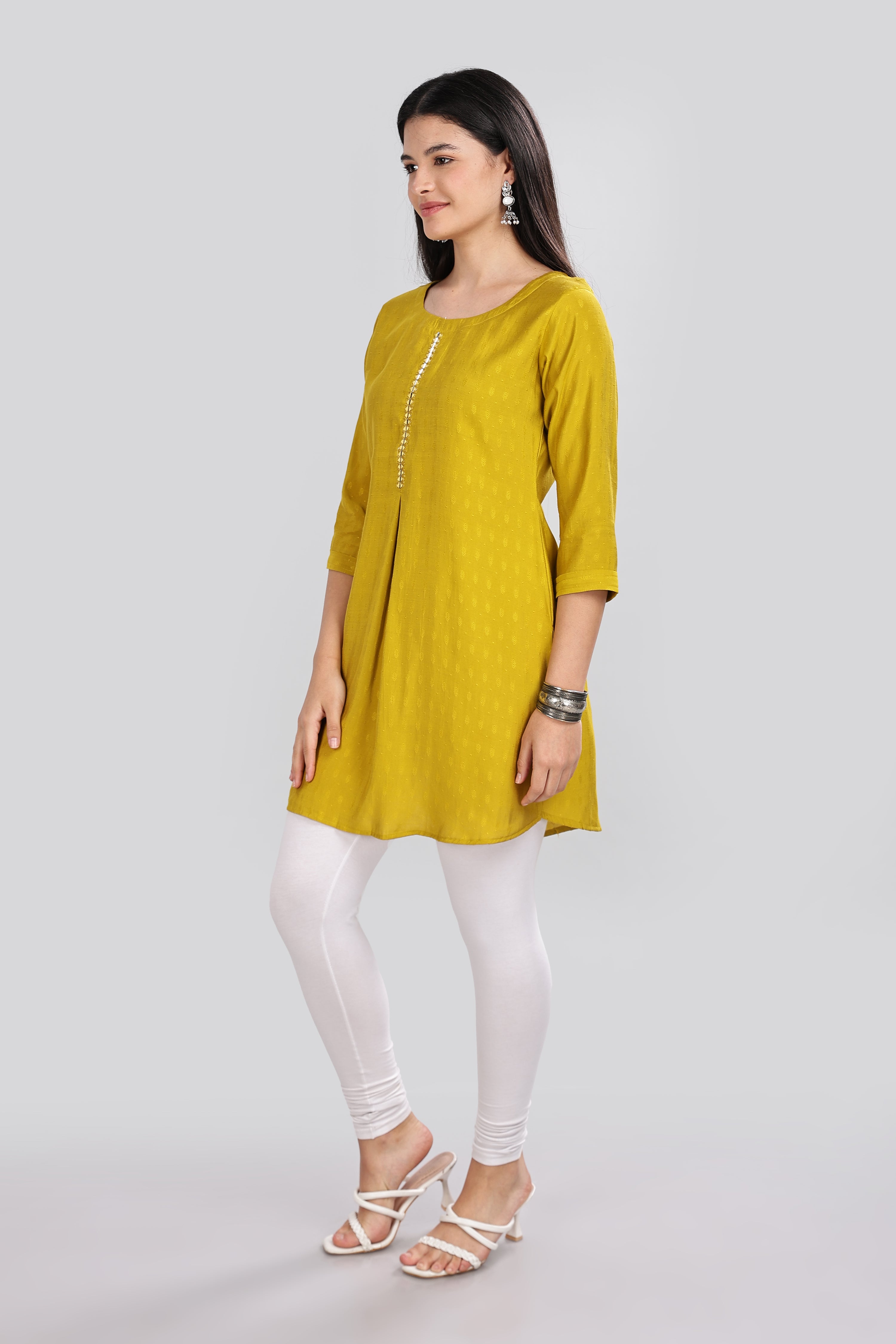 Mythri Round Neck Embroidered Top With 3/4th Sleeve  - Mustard - TO19