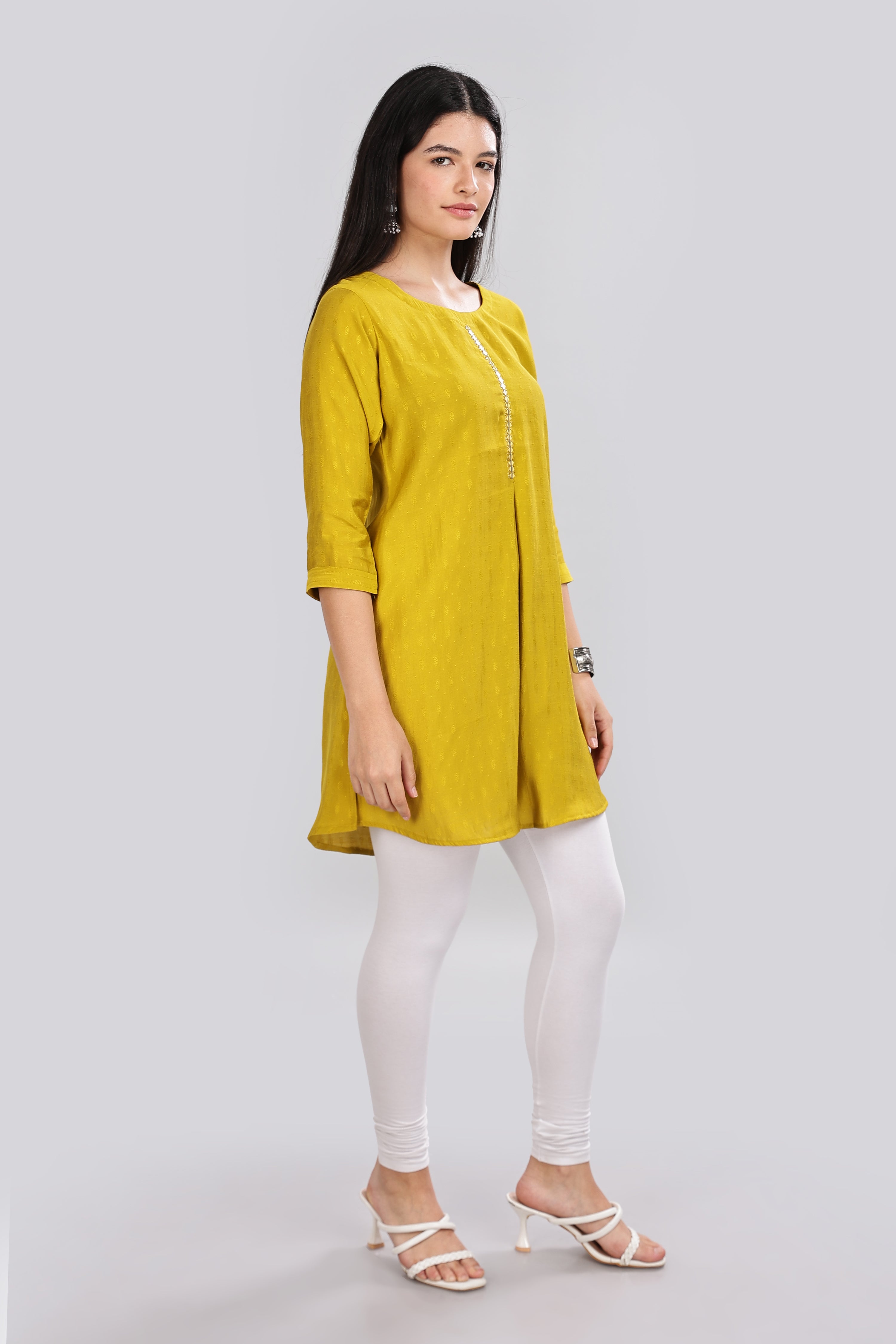 Mythri Round Neck Embroidered Top With 3/4th Sleeve  - Mustard - TO19