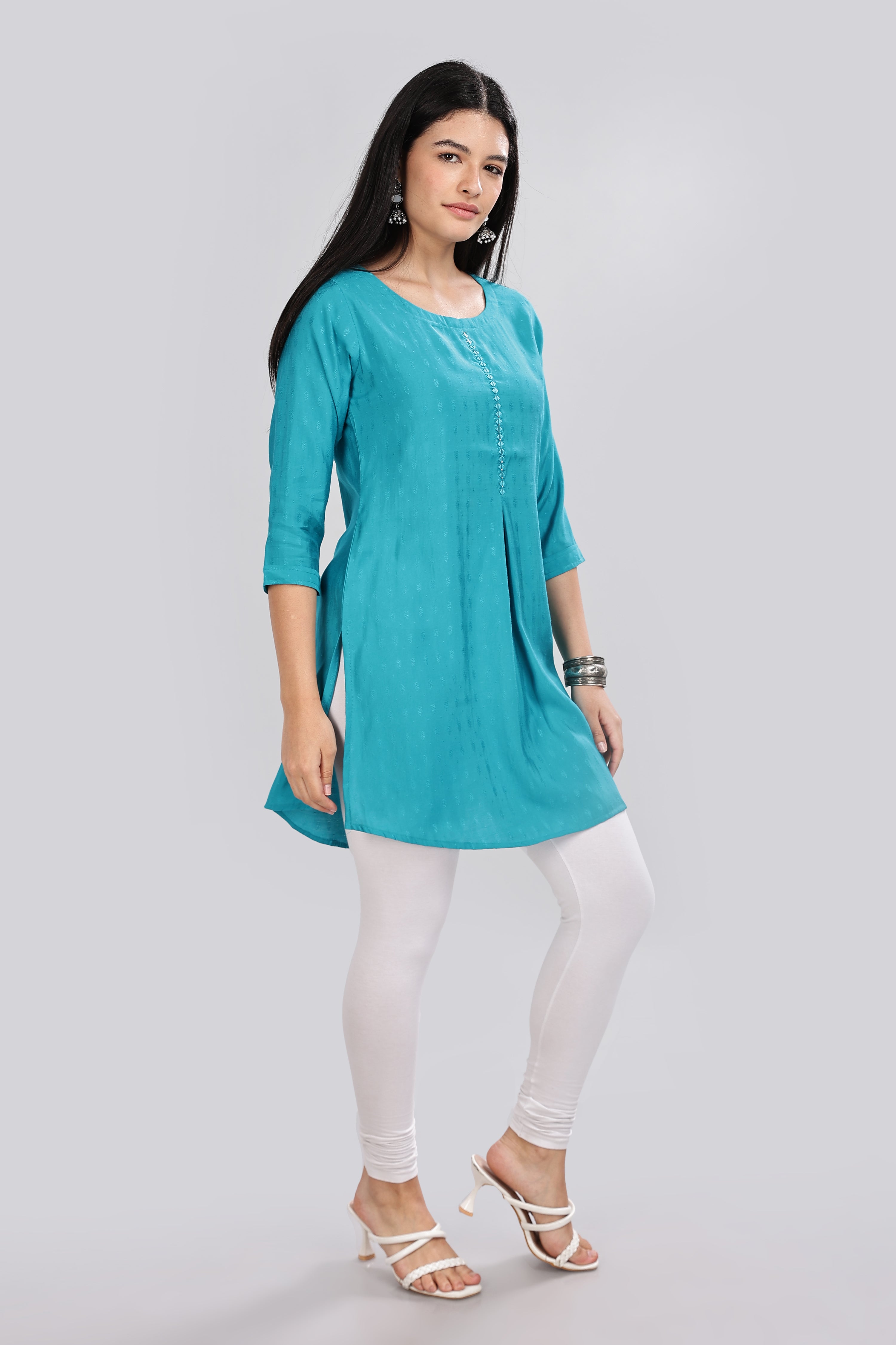 Mythri Round Neck Embroidered Top With 3/4th Sleeve  - Teal - TO17