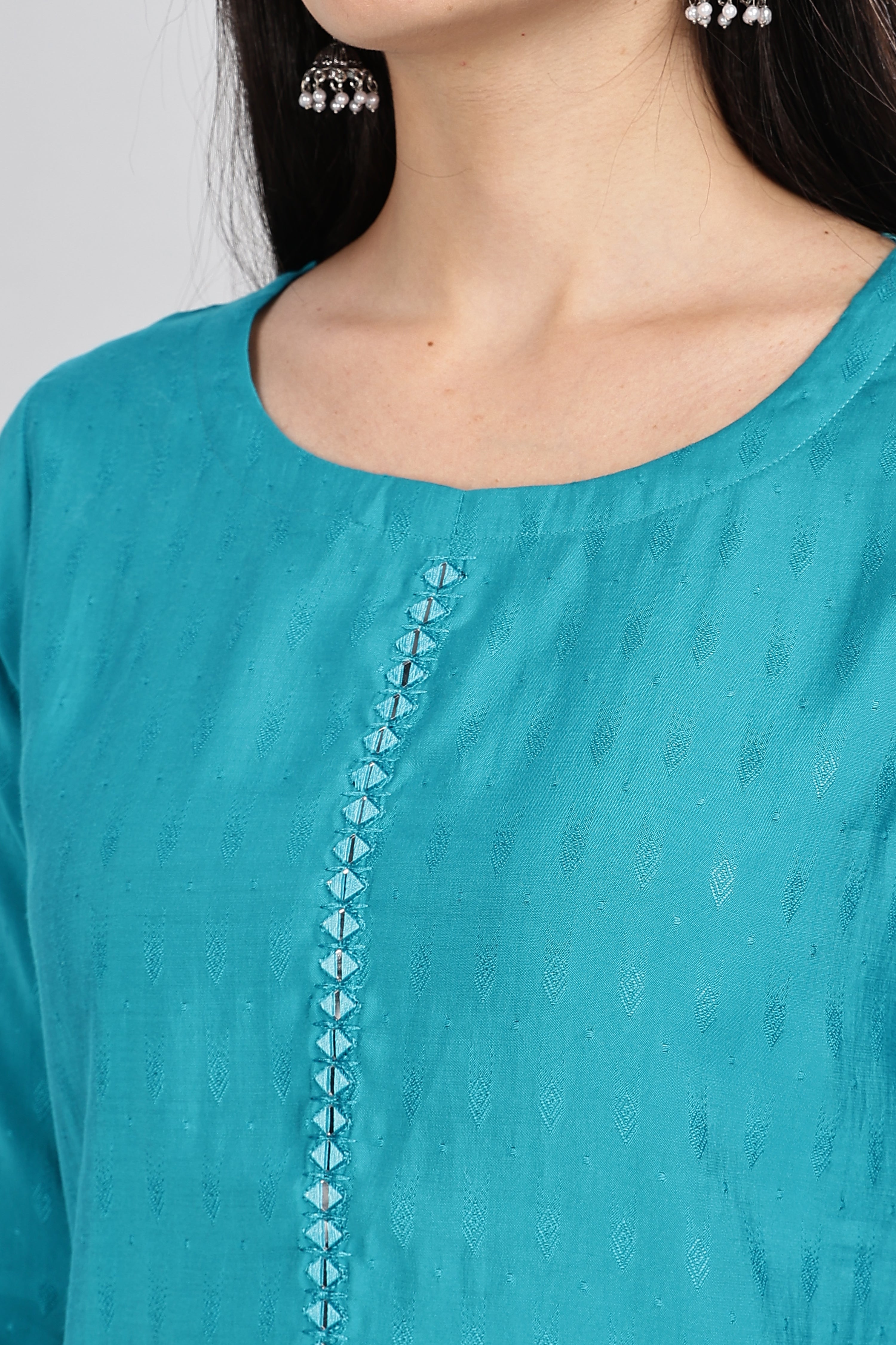 Mythri Round Neck Embroidered Top With 3/4th Sleeve  - Teal - TO17