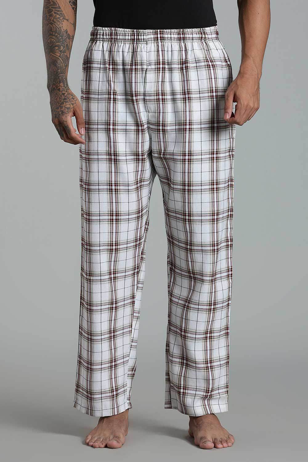 Enhance Men’s Cotton Blend Night Pants – Checked Pyjamas with Drawstring Waist & Side Pockets - Off White - NP01 - Naidu Hall Family Store