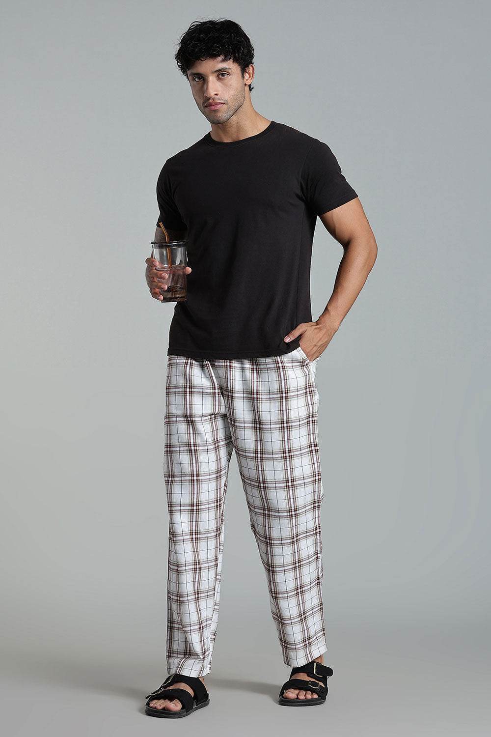 Enhance Men’s Cotton Blend Night Pants – Checked Pyjamas with Drawstring Waist & Side Pockets - Off White - NP01 - Naidu Hall Family Store
