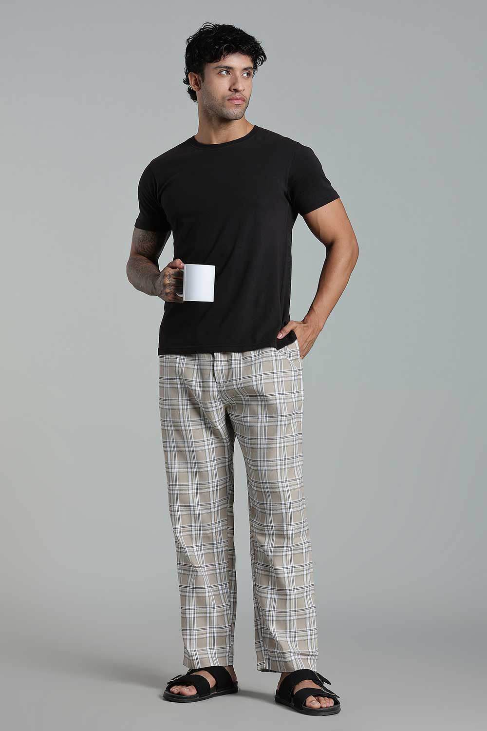 Enhance Men’s Cotton Blend Night Pants – Checked Pyjamas with Drawstring Waist & Side Pockets - Cream - NP01 - Naidu Hall Family Store
