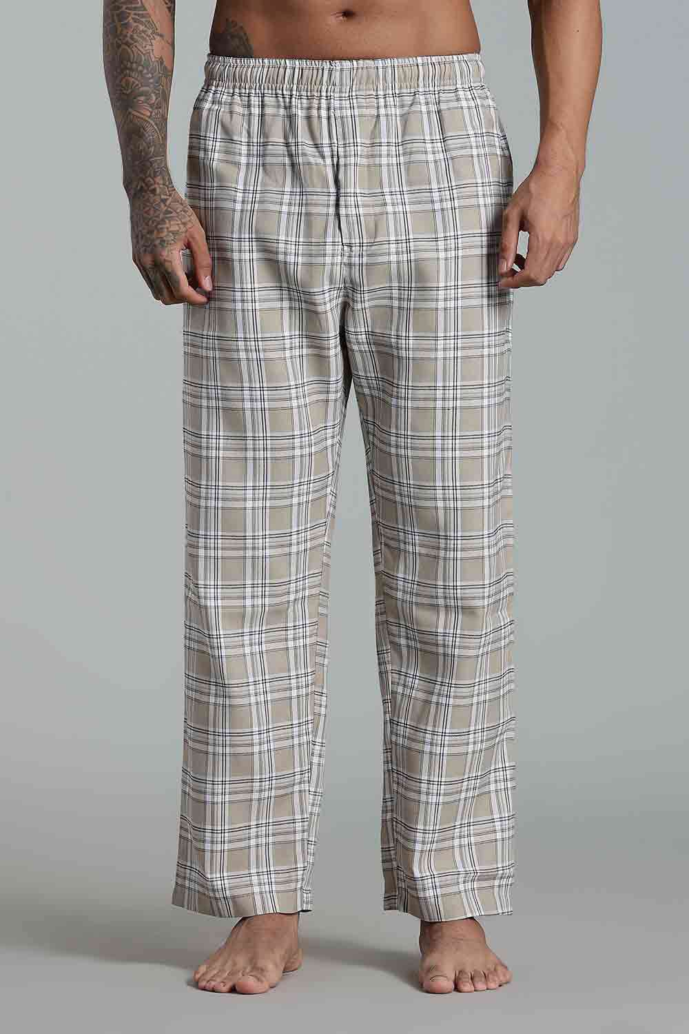 Enhance Men’s Cotton Blend Night Pants – Checked Pyjamas with Drawstring Waist & Side Pockets - Cream - NP01 - Naidu Hall Family Store