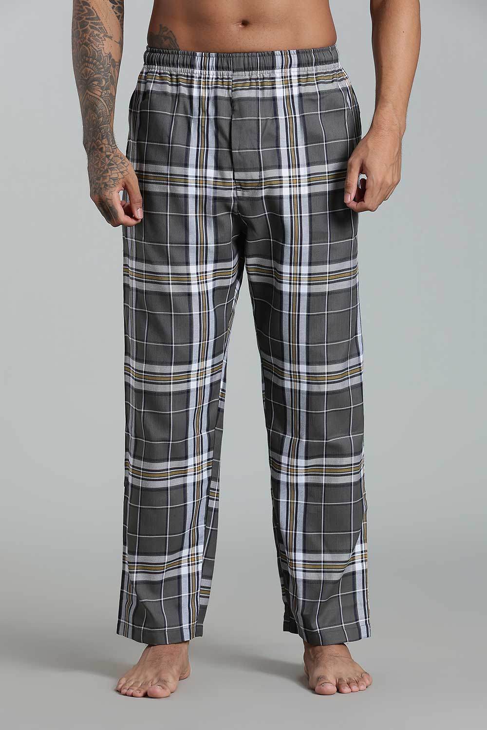 Enhance Men’s Cotton Blend Night Pants – Checked Pyjamas with Drawstring Waist & Side Pockets - Dark Grey - NP01 - Naidu Hall Family Store