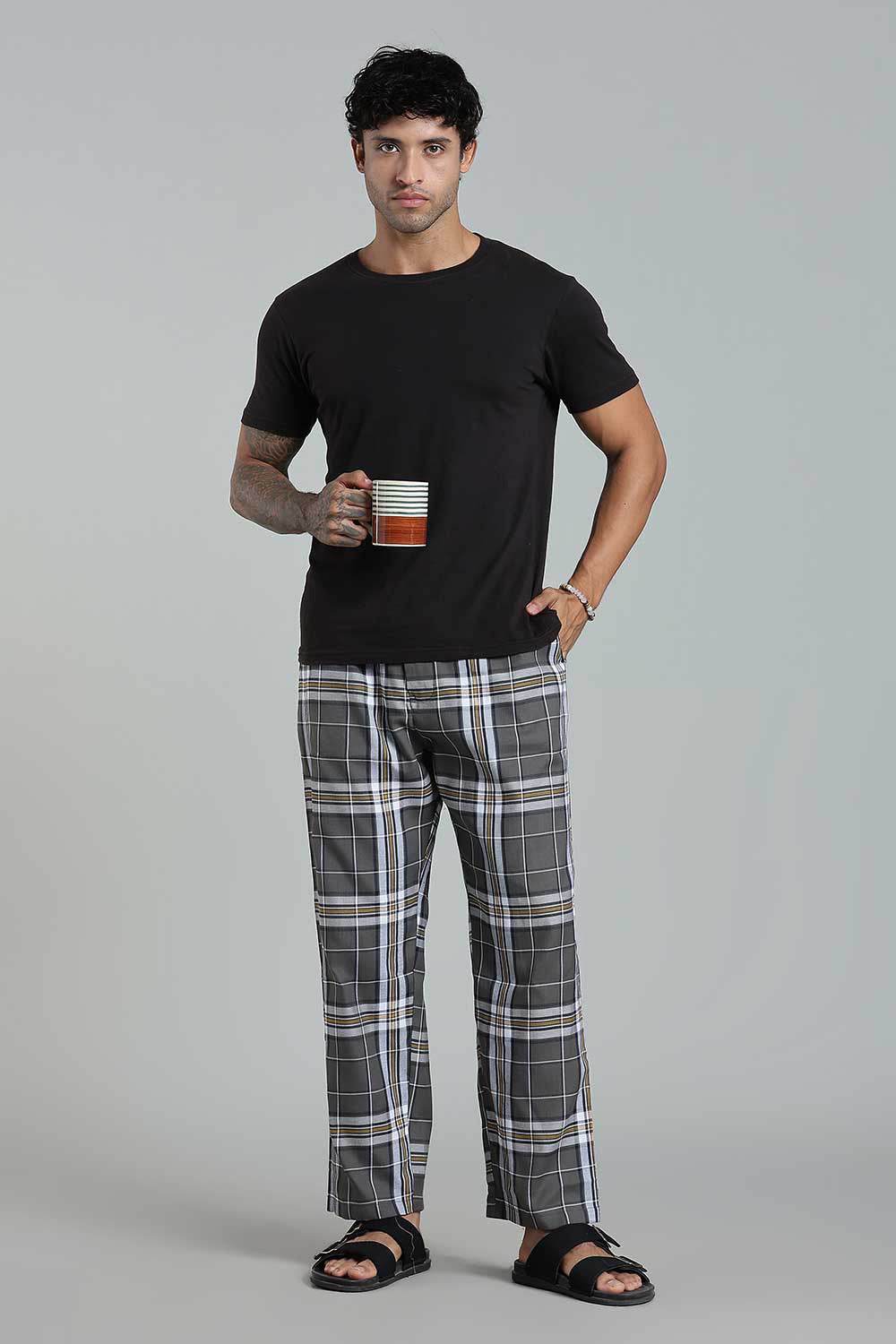 Enhance Men’s Cotton Blend Night Pants – Checked Pyjamas with Drawstring Waist & Side Pockets - Dark Grey - NP01 - Naidu Hall Family Store