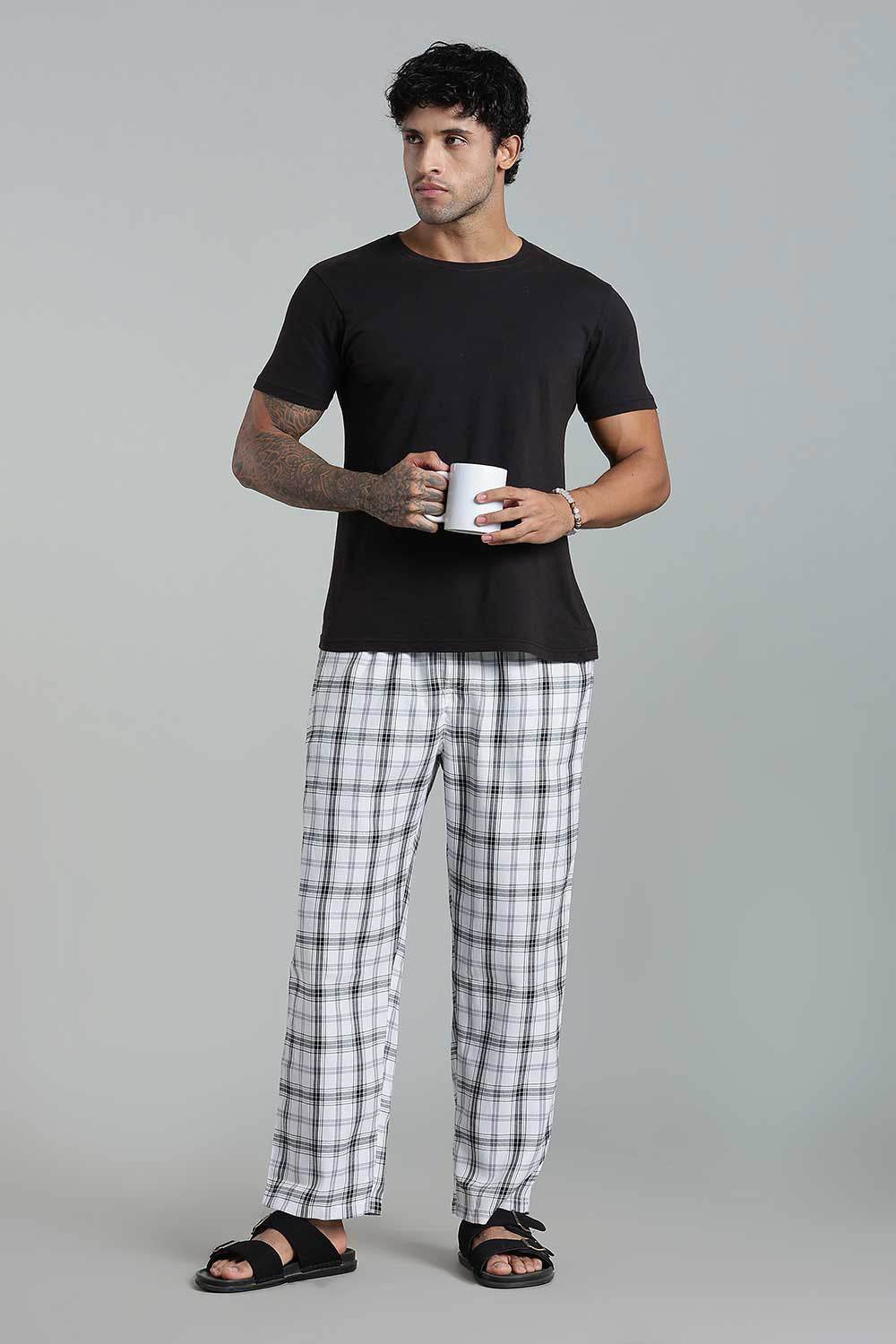 Enhance Men’s Cotton Blend Night Pants – Checked Pyjamas with Drawstring Waist & Side Pockets - White Black - NP01 - Naidu Hall Family Store