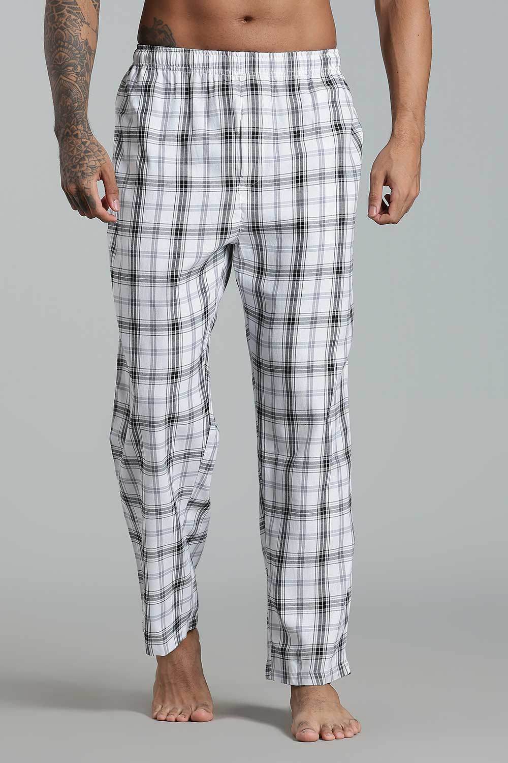 Enhance Men’s Cotton Blend Night Pants – Checked Pyjamas with Drawstring Waist & Side Pockets - White Black - NP01 - Naidu Hall Family Store