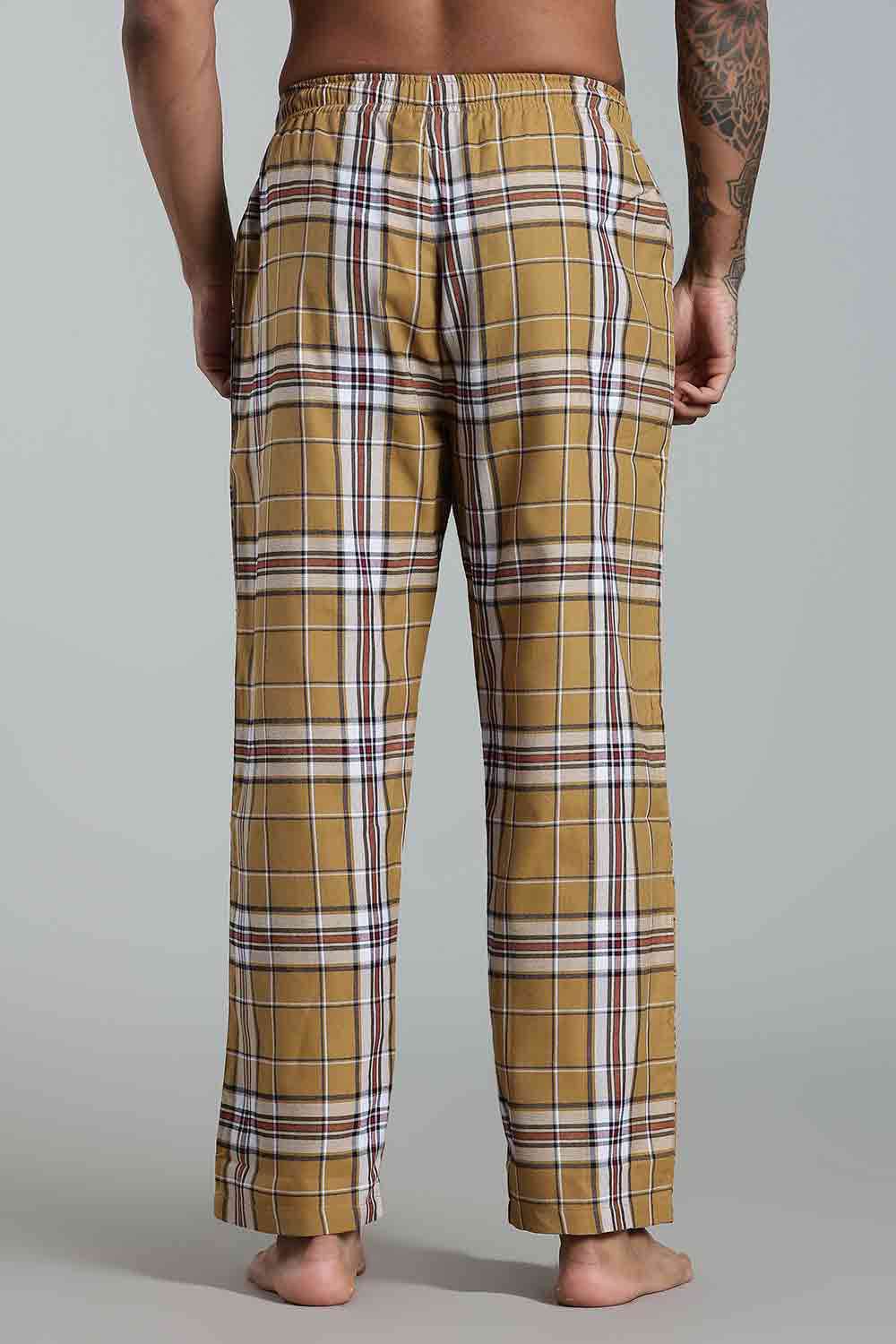 Enhance Men’s Cotton Blend Night Pants – Checked Pyjamas with Drawstring Waist & Side Pockets - Mustard - NP01 - Naidu Hall Family Store