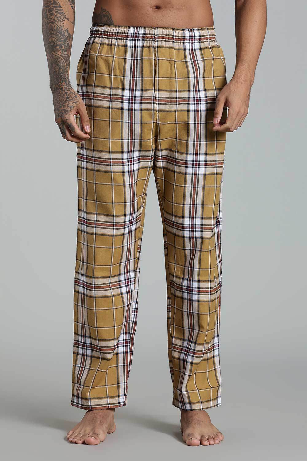 Enhance Men’s Cotton Blend Night Pants – Checked Pyjamas with Drawstring Waist & Side Pockets - Mustard - NP01 - Naidu Hall Family Store