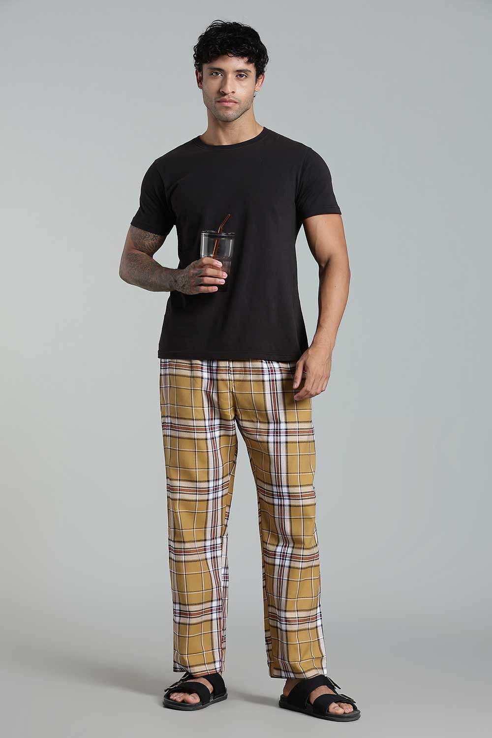 Enhance Men’s Cotton Blend Night Pants – Checked Pyjamas with Drawstring Waist & Side Pockets - Mustard - NP01 - Naidu Hall Family Store