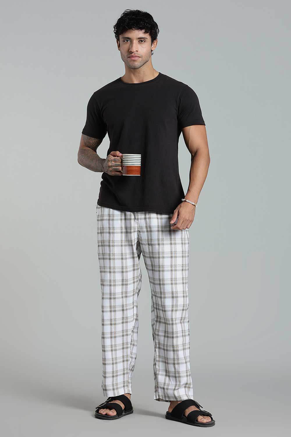 Enhance Men’s Cotton Blend Night Pants – Checked Pyjamas with Drawstring Waist & Side Pockets - White - NP01 - Naidu Hall Family Store