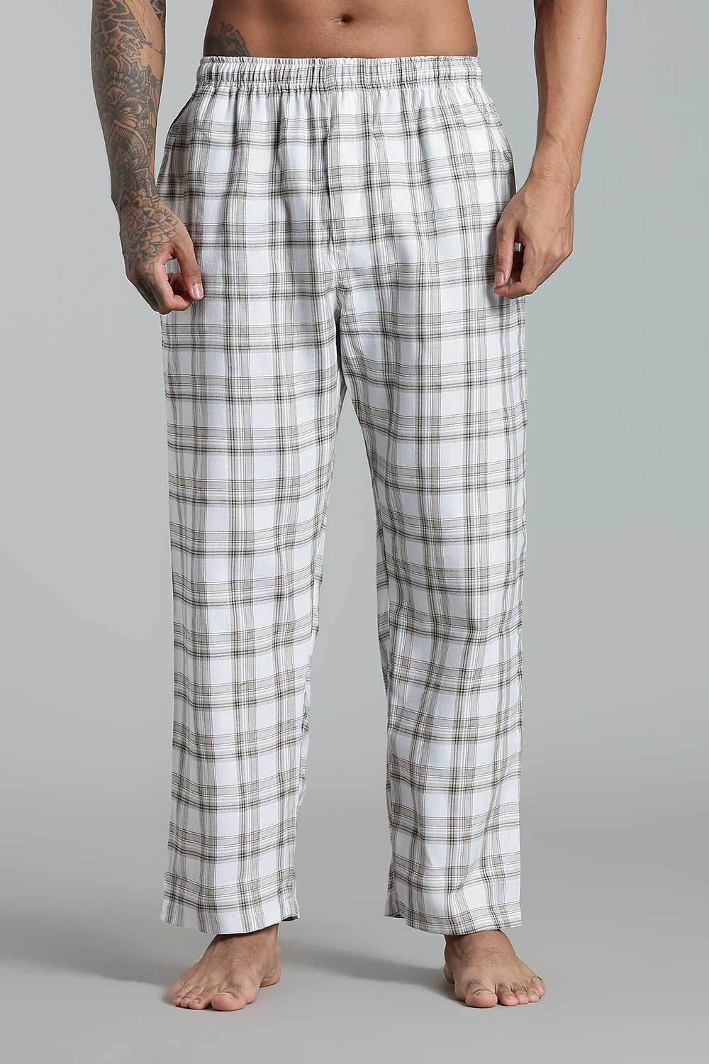 Enhance Men’s Cotton Blend Night Pants – Checked Pyjamas with Drawstring Waist & Side Pockets - White - NP01 - Naidu Hall Family Store
