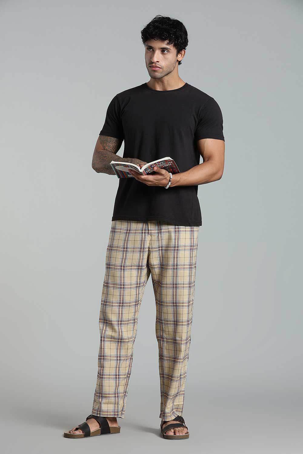 Enhance Men’s Cotton Blend Night Pants – Checked Pyjamas with Drawstring Waist & Side Pockets - Beige - NP01 - Naidu Hall Family Store