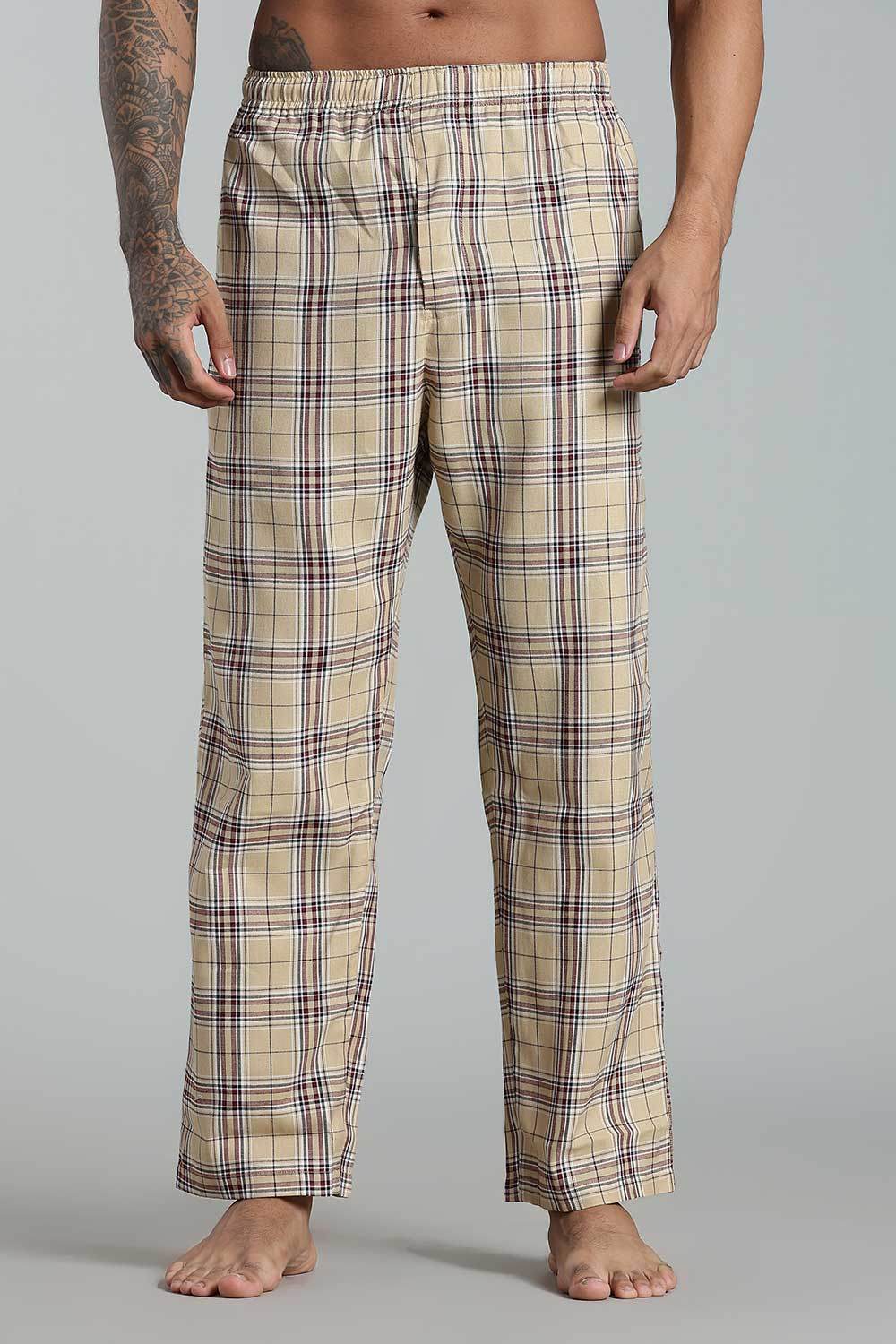 Enhance Men’s Cotton Blend Night Pants – Checked Pyjamas with Drawstring Waist & Side Pockets - Beige - NP01 - Naidu Hall Family Store