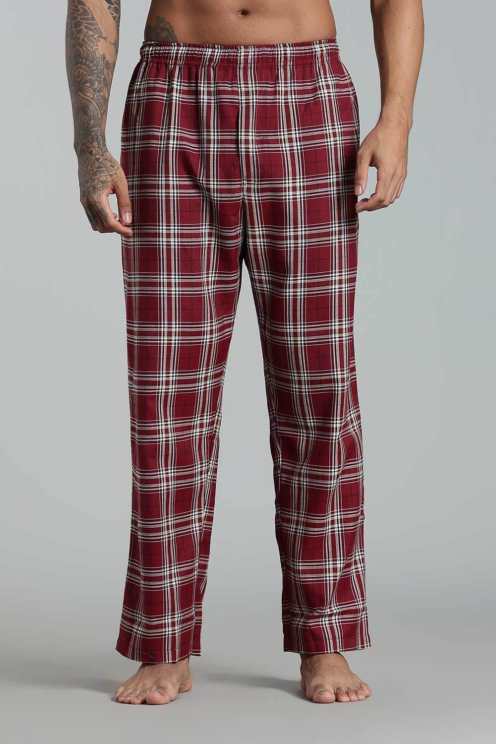Enhance Men’s Cotton Blend Night Pants – Checked Pyjamas with Drawstring Waist & Side Pockets - Maroon - NP01 - Naidu Hall Family Store