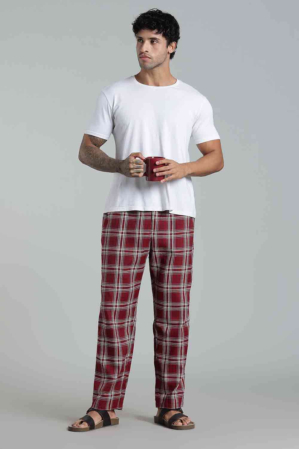 Enhance Men’s Cotton Blend Night Pants – Checked Pyjamas with Drawstring Waist & Side Pockets - Maroon - NP01 - Naidu Hall Family Store