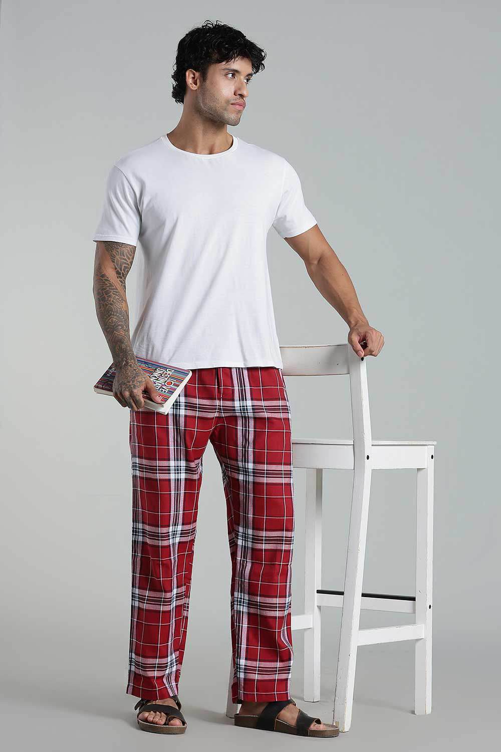 Enhance Men’s Cotton Blend Night Pants – Checked Pyjamas with Drawstring Waist & Side Pockets - Red - NP01 - Naidu Hall Family Store