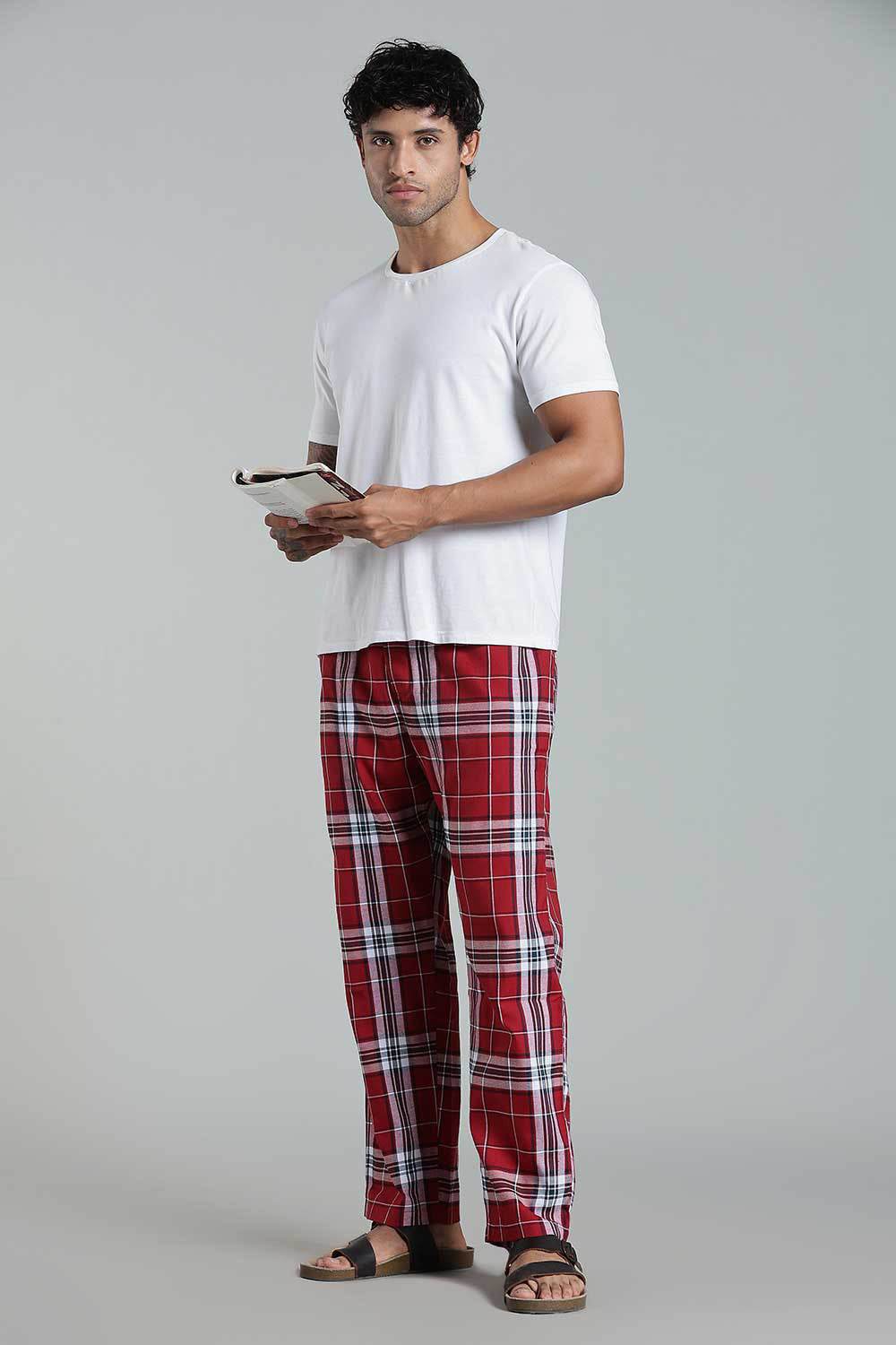 Enhance Men’s Cotton Blend Night Pants – Checked Pyjamas with Drawstring Waist & Side Pockets - Red - NP01 - Naidu Hall Family Store