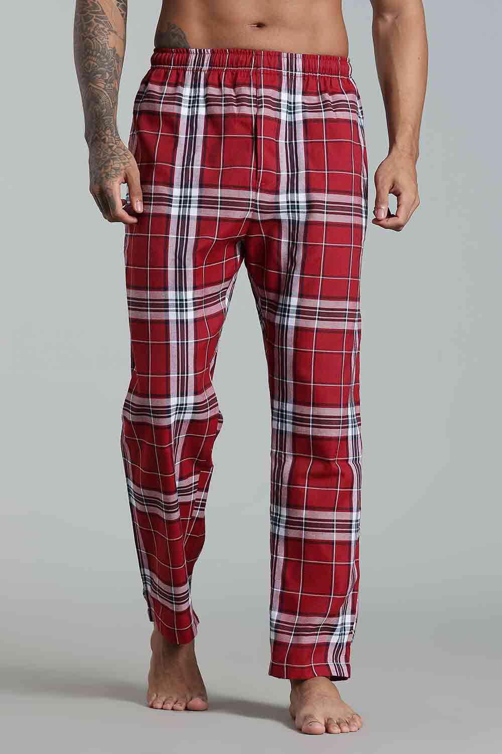 Enhance Men’s Cotton Blend Night Pants – Checked Pyjamas with Drawstring Waist & Side Pockets - Red - NP01 - Naidu Hall Family Store