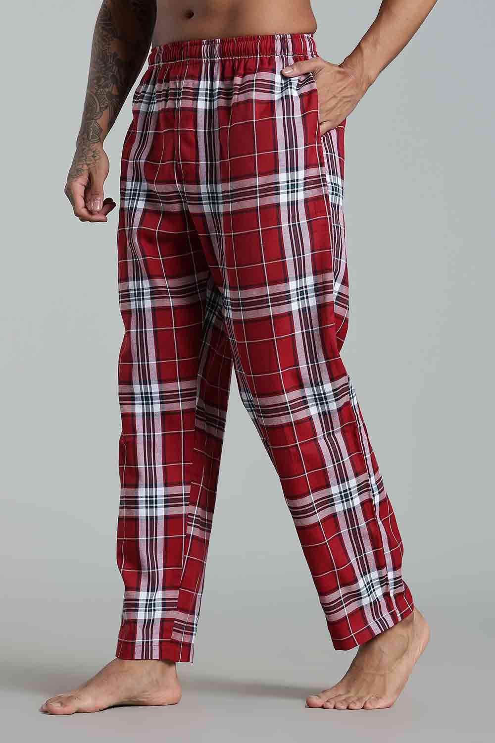 Enhance Men’s Cotton Blend Night Pants – Checked Pyjamas with Drawstring Waist & Side Pockets - Red - NP01 - Naidu Hall Family Store