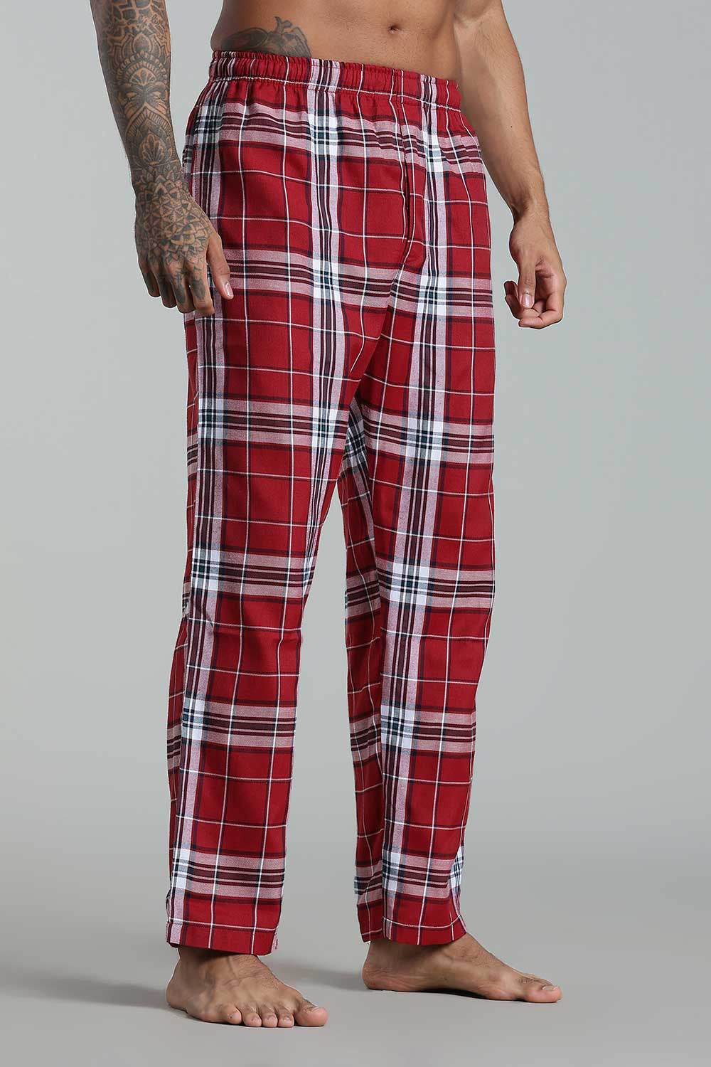 Enhance Men’s Cotton Blend Night Pants – Checked Pyjamas with Drawstring Waist & Side Pockets - Red - NP01 - Naidu Hall Family Store