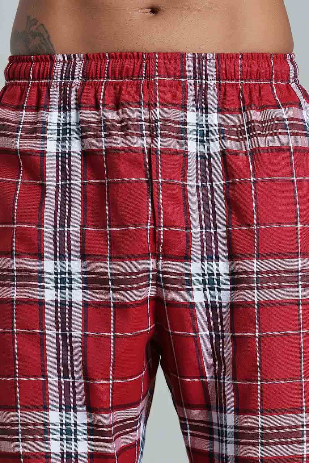 Enhance Men’s Cotton Blend Night Pants – Checked Pyjamas with Drawstring Waist & Side Pockets - Red - NP01 - Naidu Hall Family Store