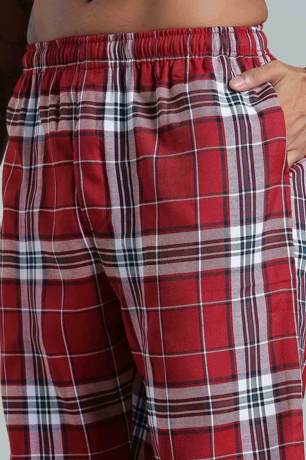 Enhance Men’s Cotton Blend Night Pants – Checked Pyjamas with Drawstring Waist & Side Pockets - Red - NP01 - Naidu Hall Family Store