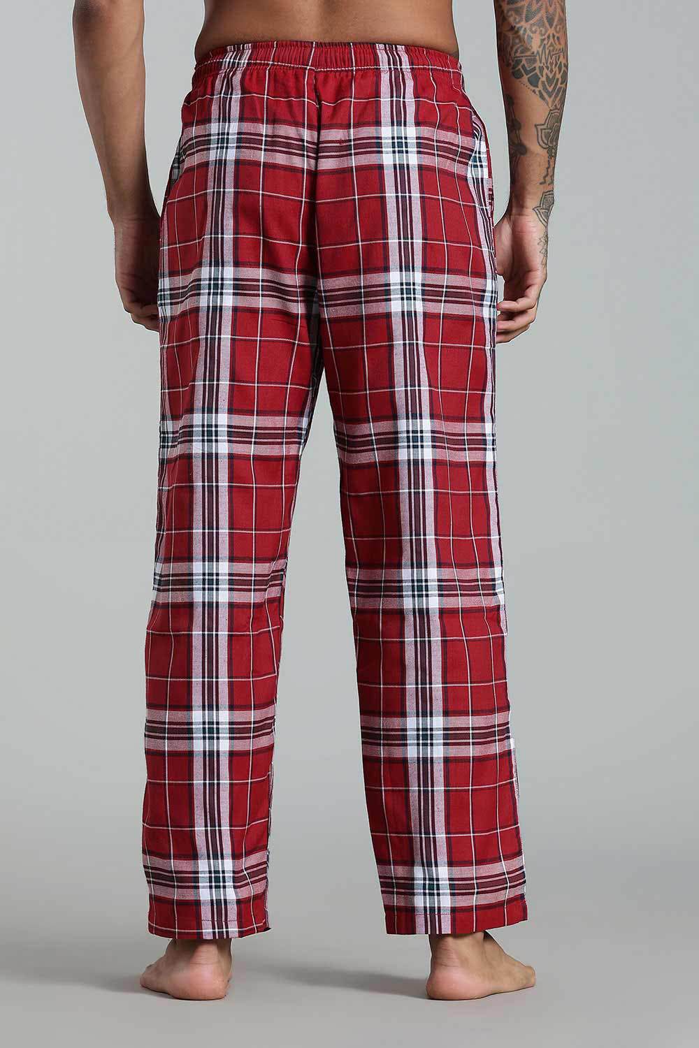 Enhance Men’s Cotton Blend Night Pants – Checked Pyjamas with Drawstring Waist & Side Pockets - Red - NP01 - Naidu Hall Family Store