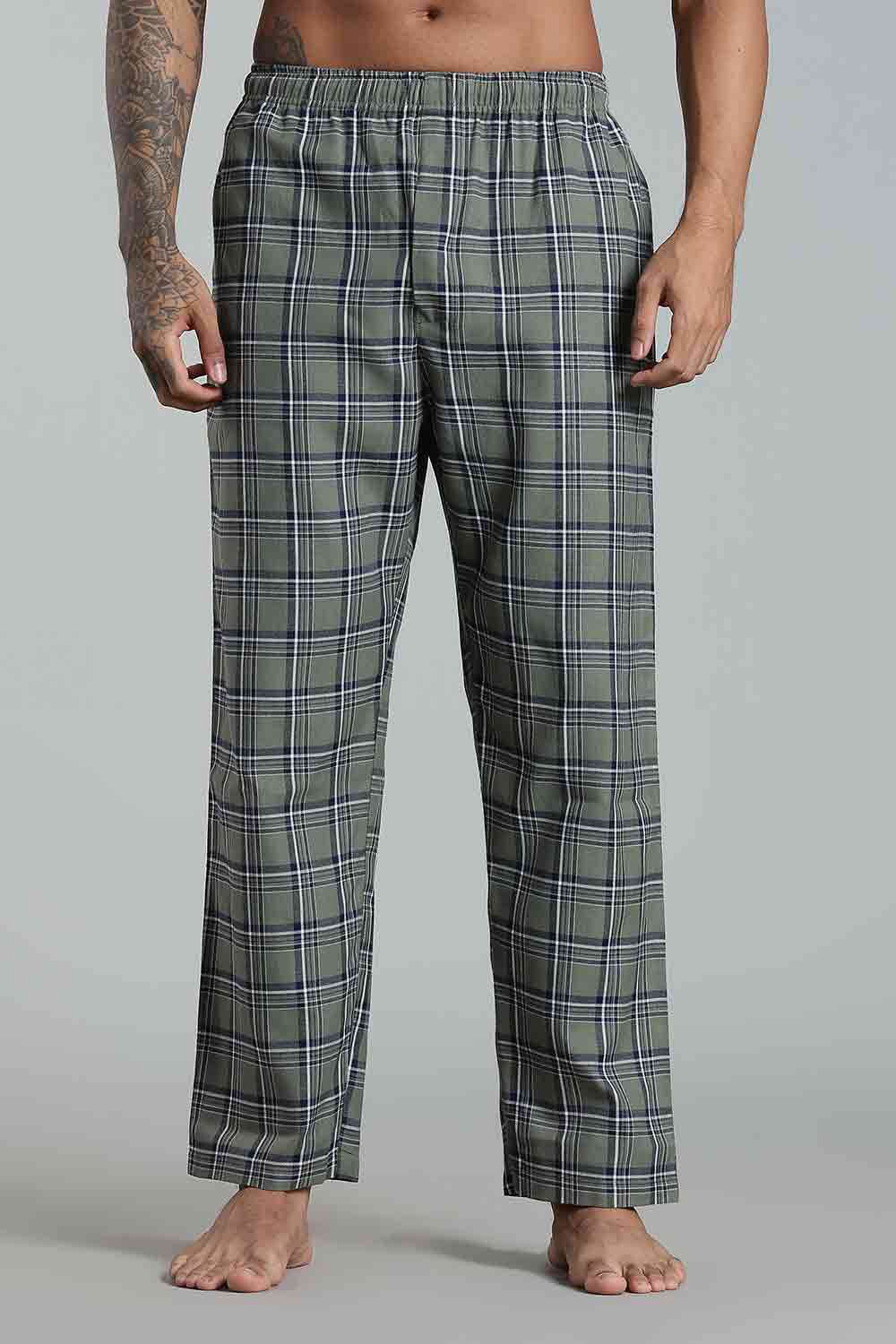 Enhance Men’s Cotton Blend Night Pants – Checked Pyjamas with Drawstring Waist & Side Pockets - Green - NP01 - Naidu Hall Family Store