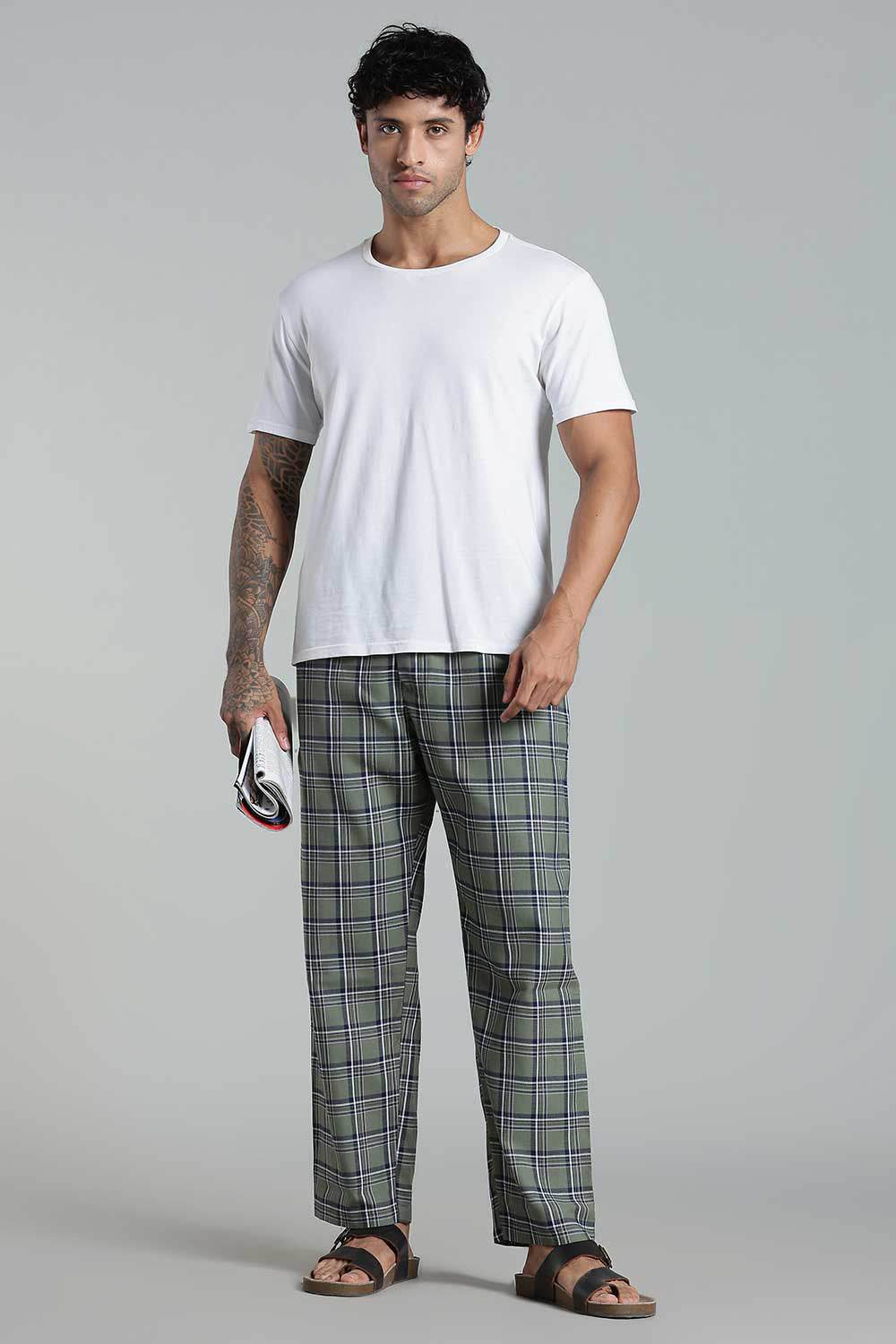 Enhance Men’s Cotton Blend Night Pants – Checked Pyjamas with Drawstring Waist & Side Pockets - Green - NP01 - Naidu Hall Family Store