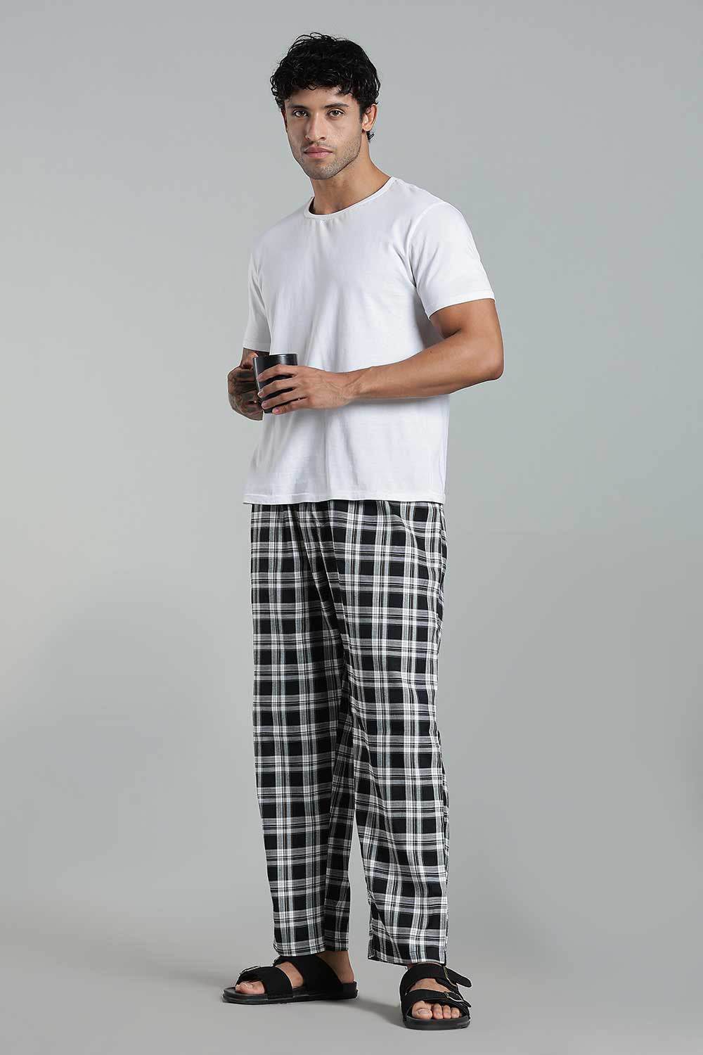Enhance Men’s Cotton Blend Night Pants – Checked Pyjamas with Drawstring Waist & Side Pockets - Black - NP01 - Naidu Hall Family Store