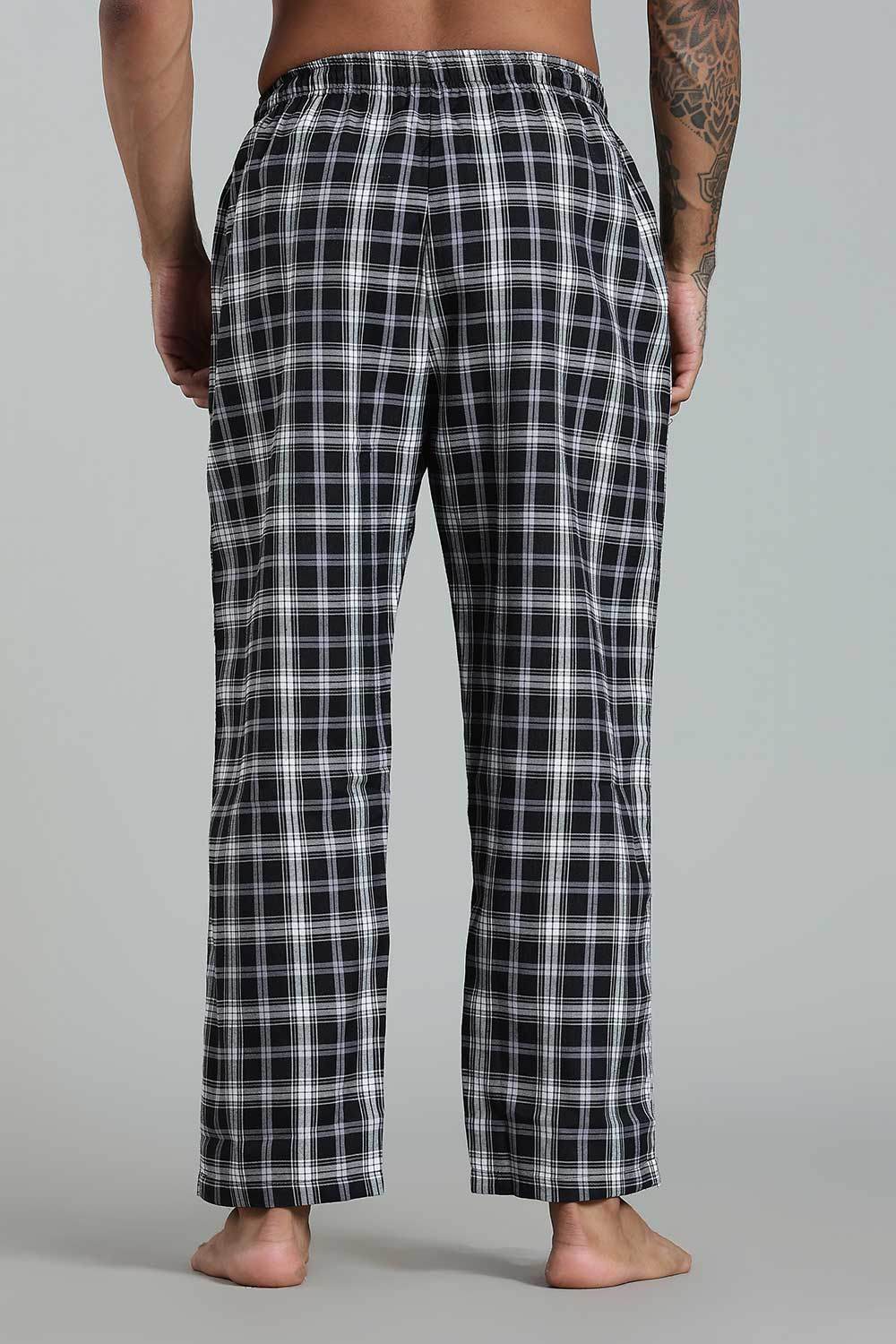 Enhance Men’s Cotton Blend Night Pants – Checked Pyjamas with Drawstring Waist & Side Pockets - Black White - NP01 - Naidu Hall Family Store