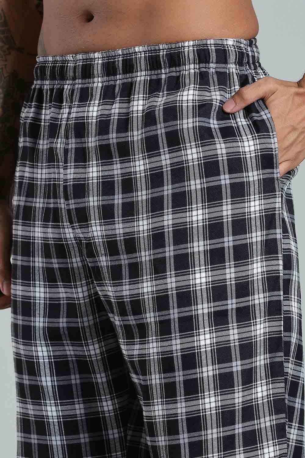 Enhance Men’s Cotton Blend Night Pants – Checked Pyjamas with Drawstring Waist & Side Pockets - Black White - NP01 - Naidu Hall Family Store