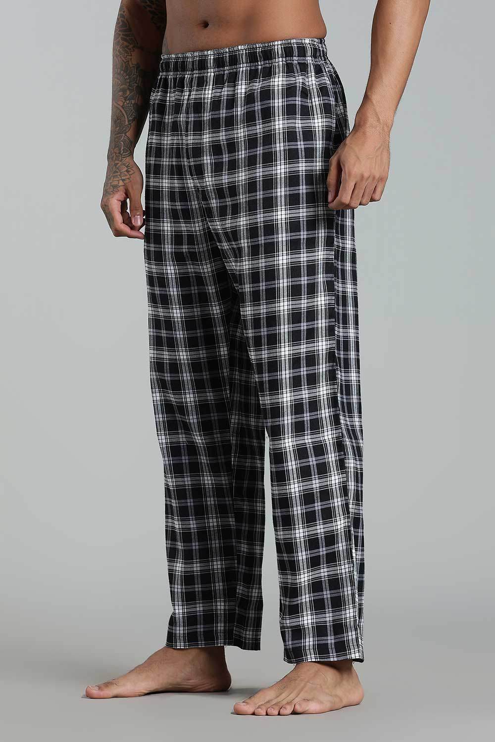 Enhance Men’s Cotton Blend Night Pants – Checked Pyjamas with Drawstring Waist & Side Pockets - Black White - NP01 - Naidu Hall Family Store