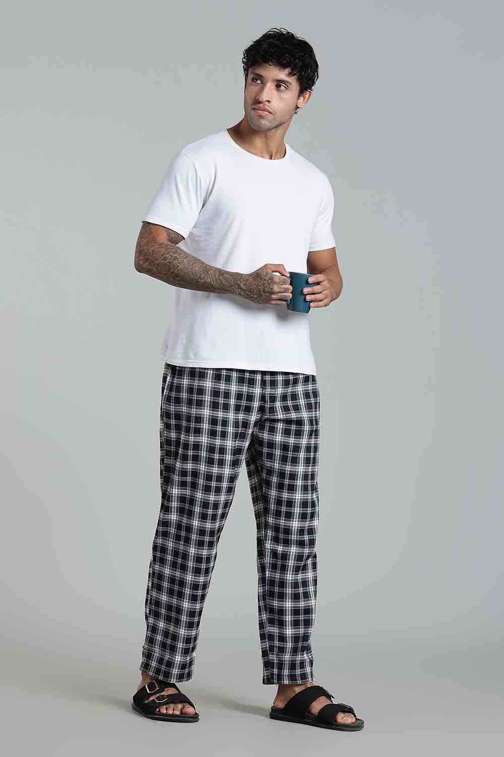 Enhance Men’s Cotton Blend Night Pants – Checked Pyjamas with Drawstring Waist & Side Pockets - Black White - NP01 - Naidu Hall Family Store
