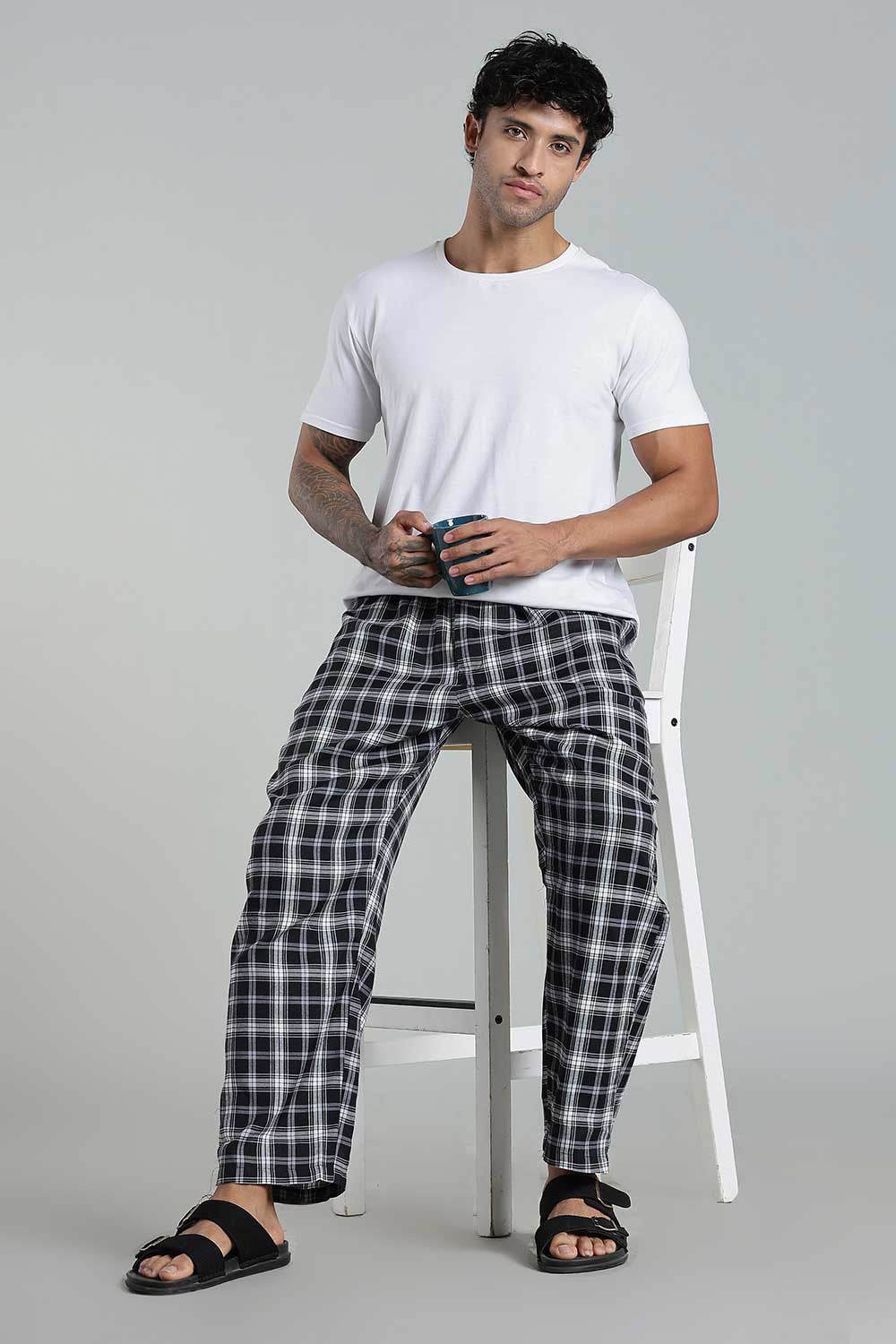 Enhance Men’s Cotton Blend Night Pants – Checked Pyjamas with Drawstring Waist & Side Pockets - Black White - NP01 - Naidu Hall Family Store