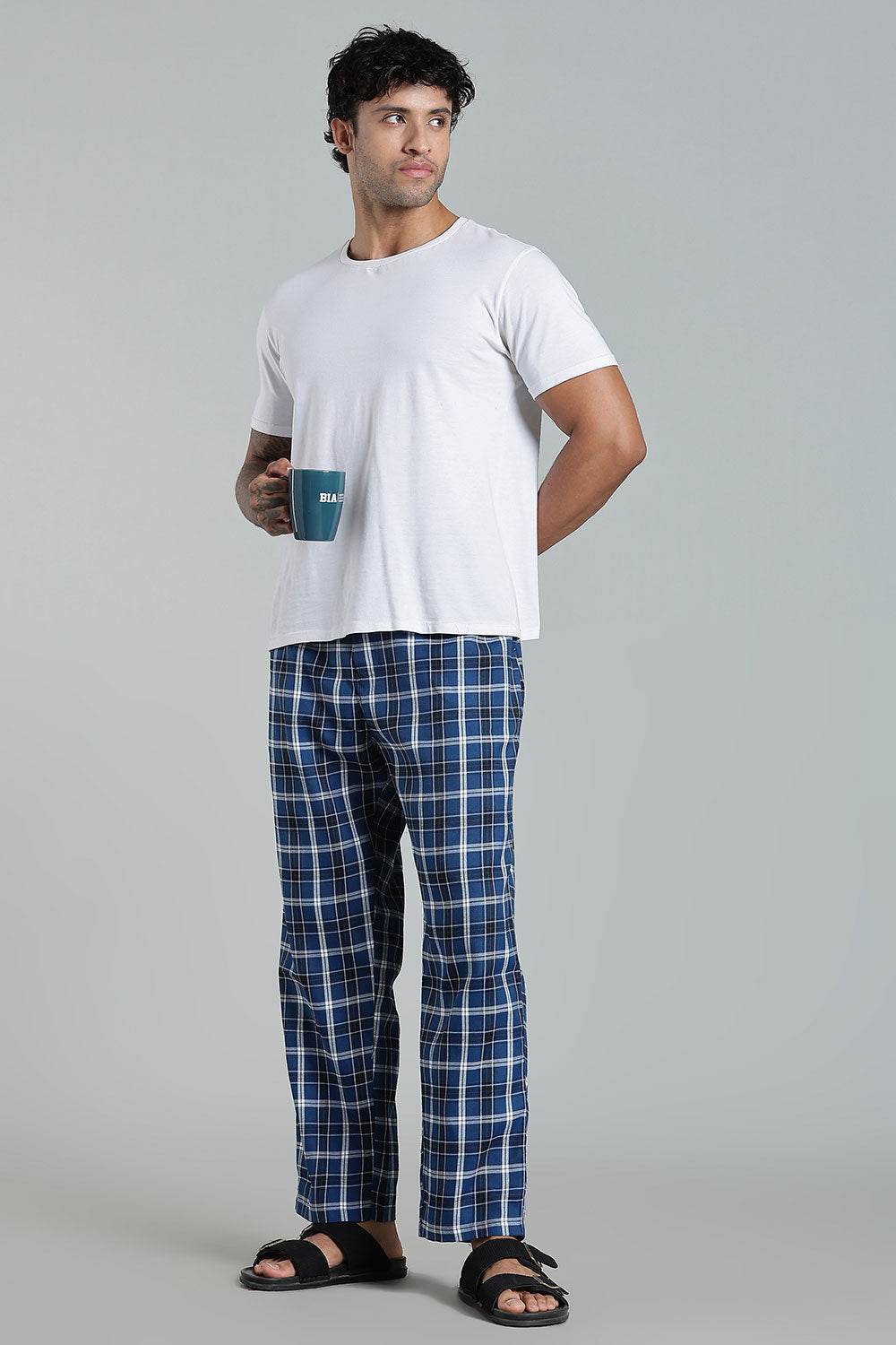 Enhance Men’s Cotton Blend Night Pants – Checked Pyjamas with Drawstring Waist & Side Pockets - Blue - NP01 - Naidu Hall Family Store
